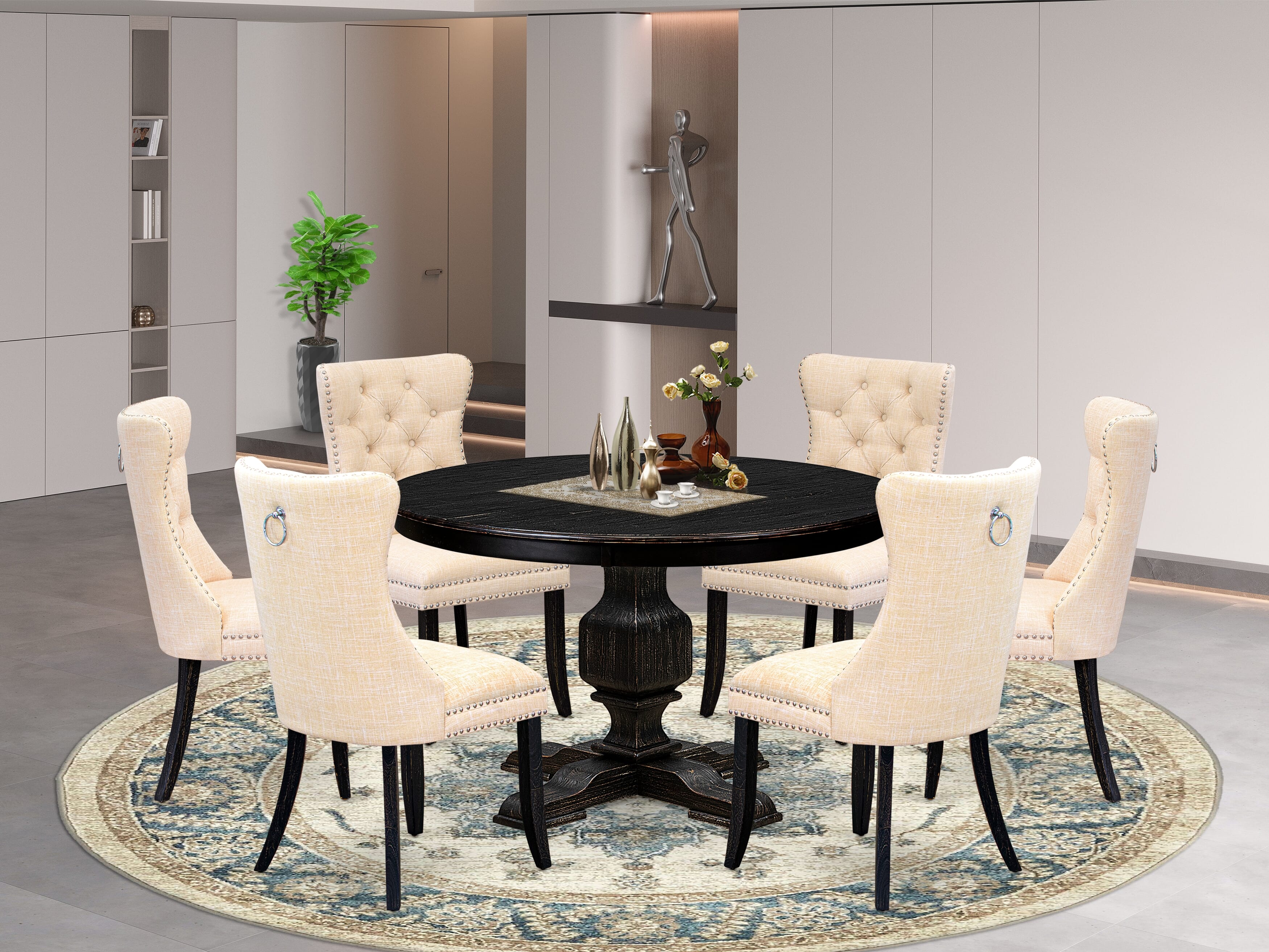 Luxe by East West Furniture F3DA7-411-32 7-pc Dining Table Set contains a wooden table and 6 Light Beige Linen Fabric kitchen chair with Button Tufted Back -Sand Blasted Black