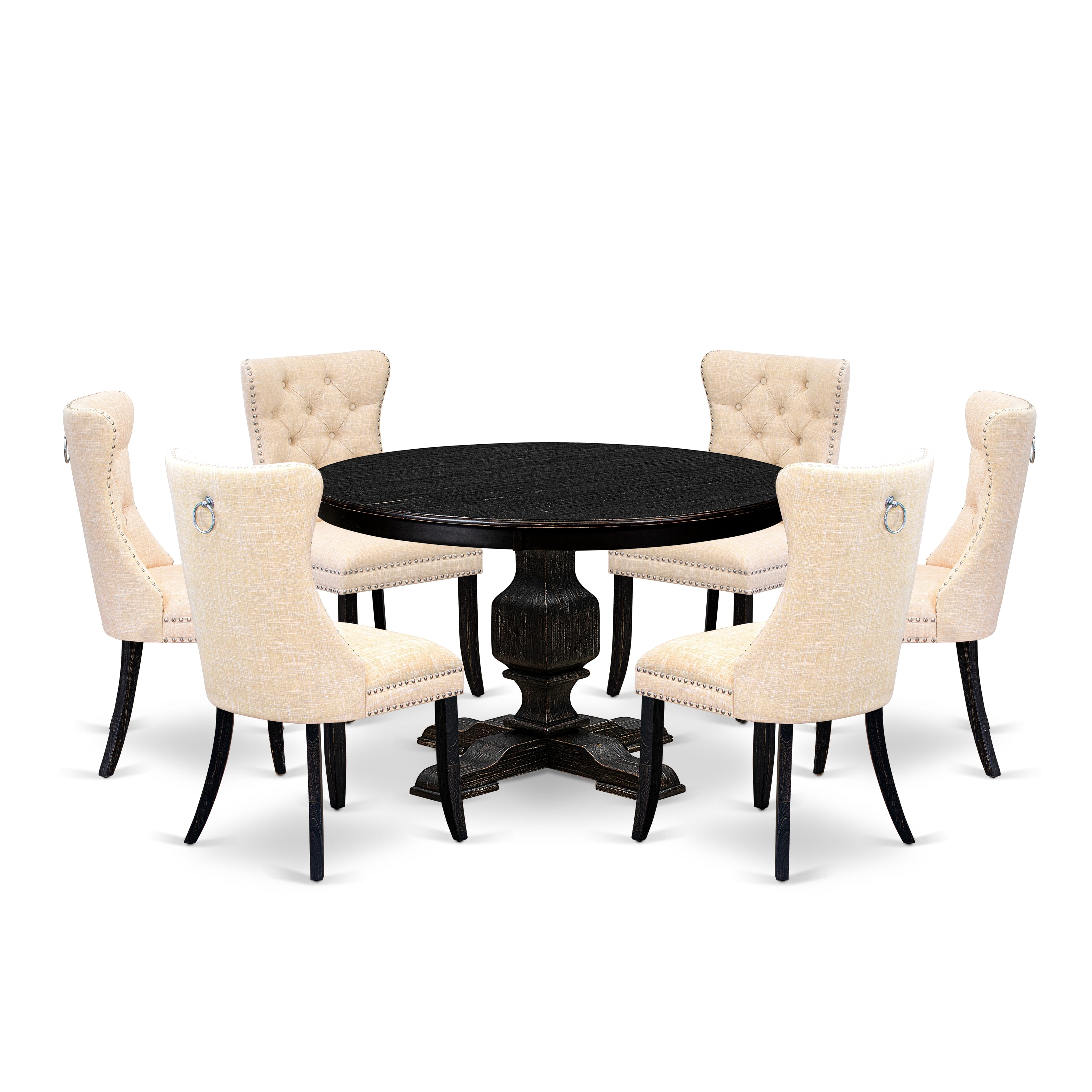 Luxe by East West Furniture F3DA7-411-32 7-pc Dining Table Set contains a wooden table and 6 Light Beige Linen Fabric kitchen chair with Button Tufted Back -Sand Blasted Black