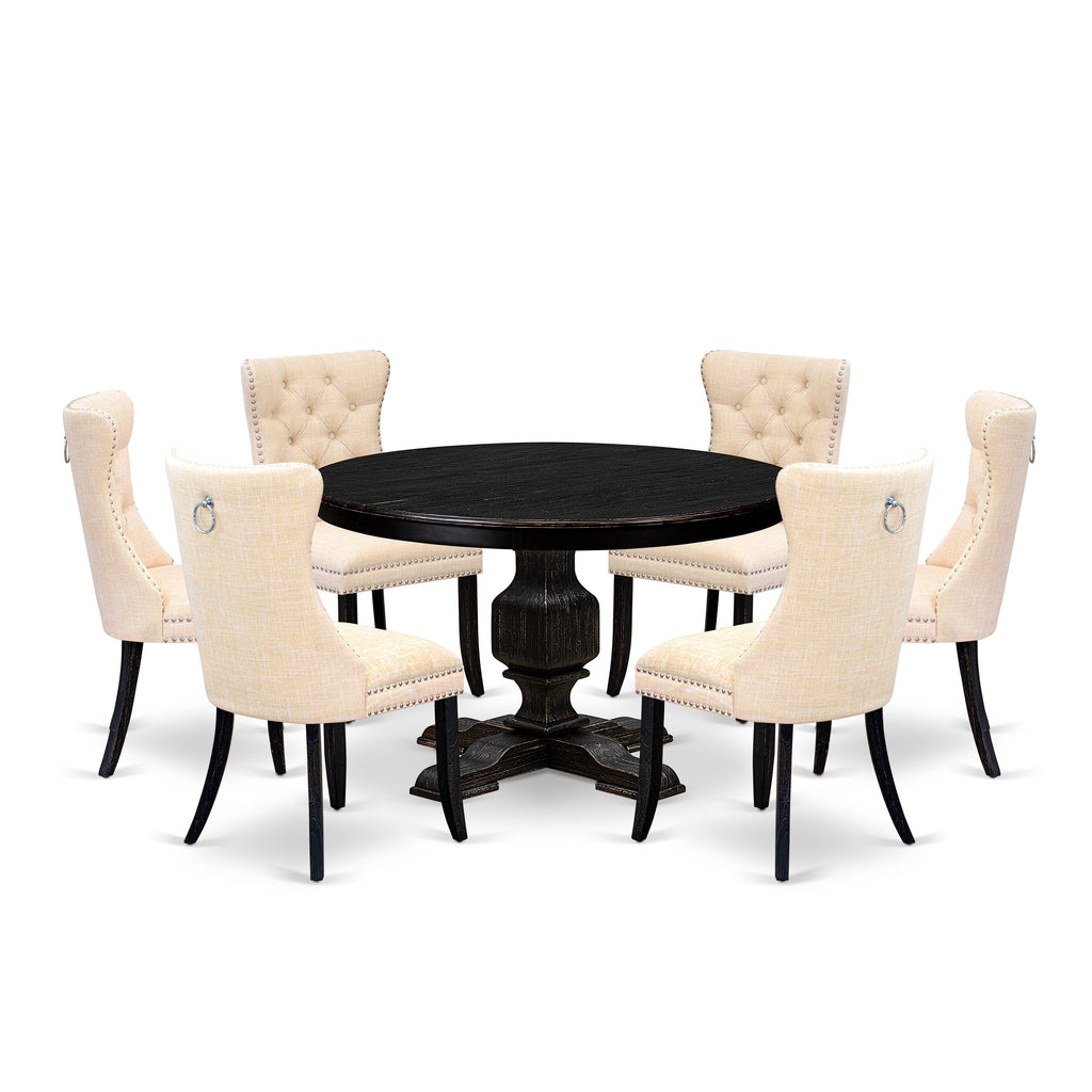 Luxe by East West Furniture F3DA7-411-32 7-pc Dining Table Set contains a wooden table and 6 Light Beige Linen Fabric kitchen chair with Button Tufted Back -Sand Blasted Black