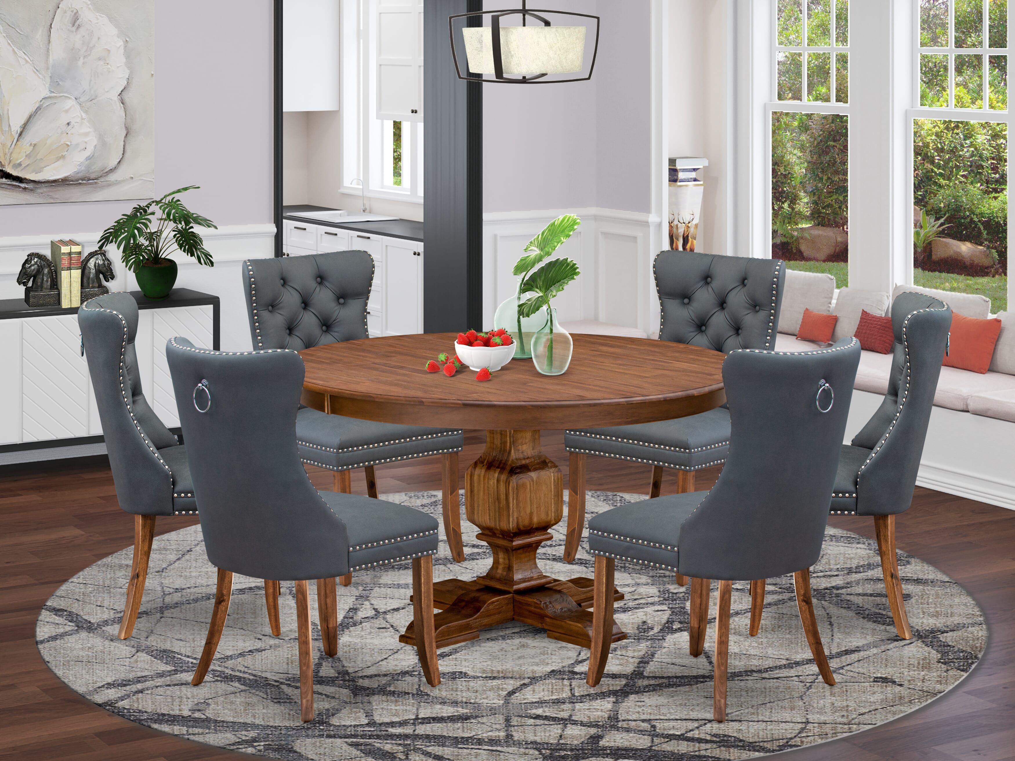 Luxe by East West Furniture F3DA7-50N-13 7-piece Kitchen table set included a Dining Table and 6 Platinum Gray Faux Leather Modern Dining Chairs with Button Tufted Back - Antique Walnut Finish