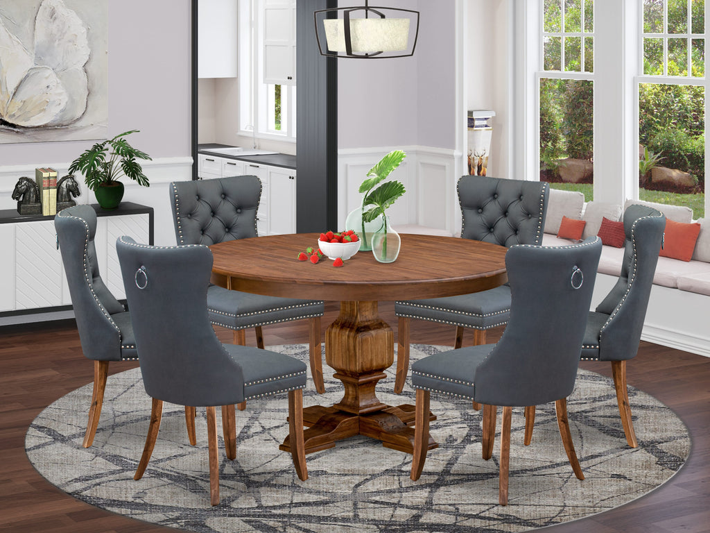 Luxe by East West Furniture F3DA7-50N-13 7-piece Kitchen table set included a Dining Table and 6 Platinum Gray Faux Leather Modern Dining Chairs with Button Tufted Back - Antique Walnut Finish
