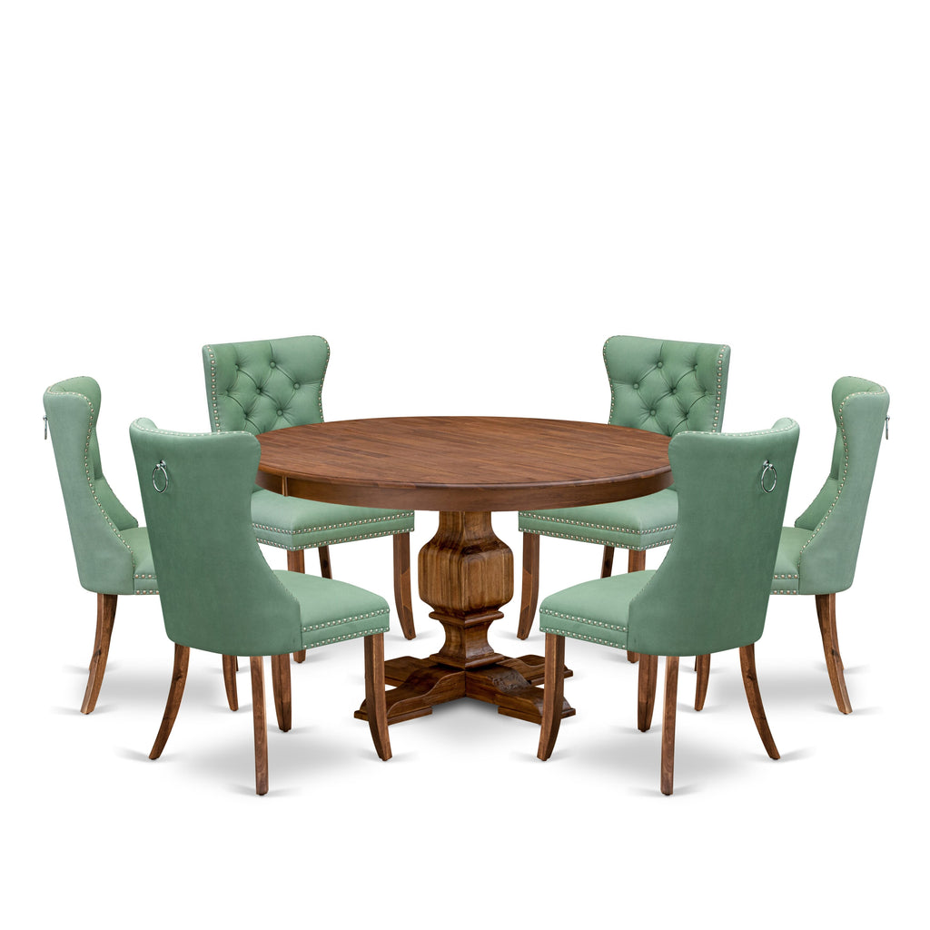 Luxe by East West Furniture F3DA7-50N-22 7-piece Mid-century Dining table set included a Modern Dining Table and 6 Willow Green Faux Leather Dinner Chairs with Button Tufted Back - Antique Walnut Finish