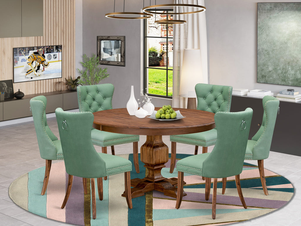 Luxe by East West Furniture F3DA7-50N-22 7-piece Mid-century Dining table set included a Modern Dining Table and 6 Willow Green Faux Leather Dinner Chairs with Button Tufted Back - Antique Walnut Finish