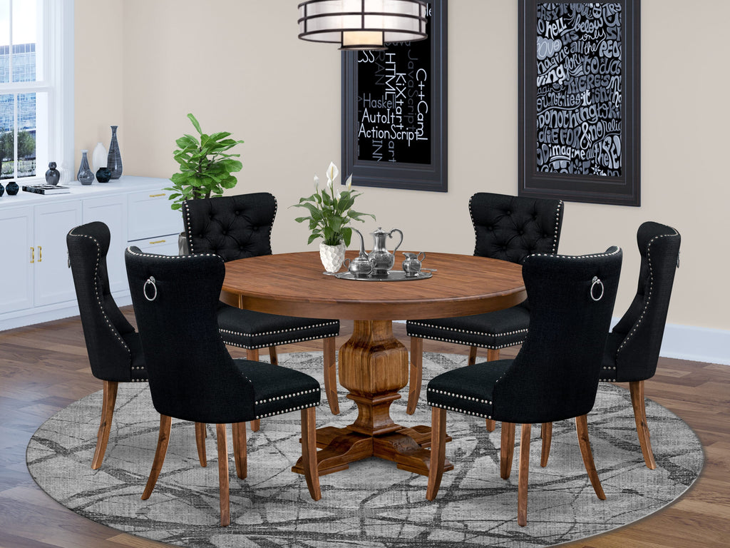 Luxe by East West Furniture F3DA7-50N-24 7-Piece Dining Table Set with Linen Fabric 6 Black Kitchen chairs, Button-Tufted Backs, and a 54"Round Table in Antique Walnut Finish.