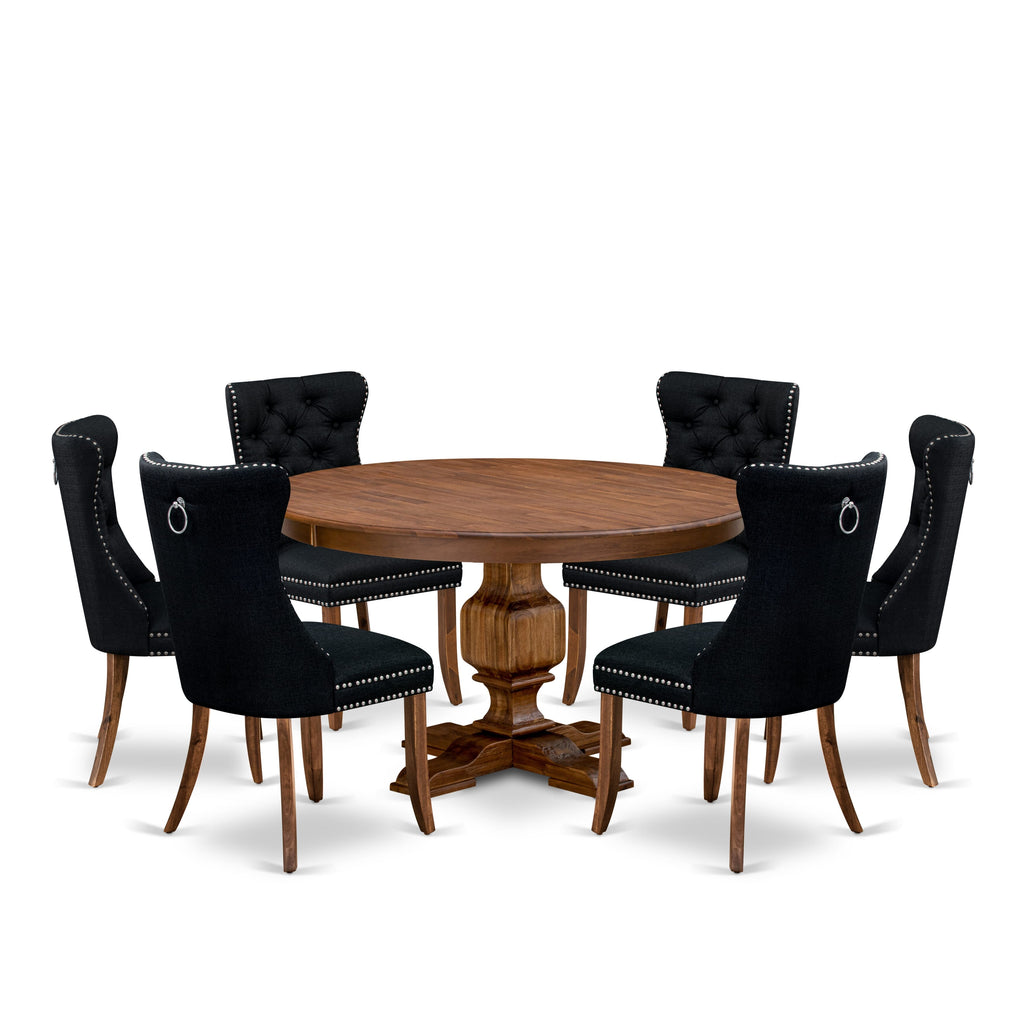 Luxe by East West Furniture F3DA7-50N-24 7-Piece Dining Table Set with Linen Fabric 6 Black Kitchen chairs, Button-Tufted Backs, and a 54"Round Table in Antique Walnut Finish.