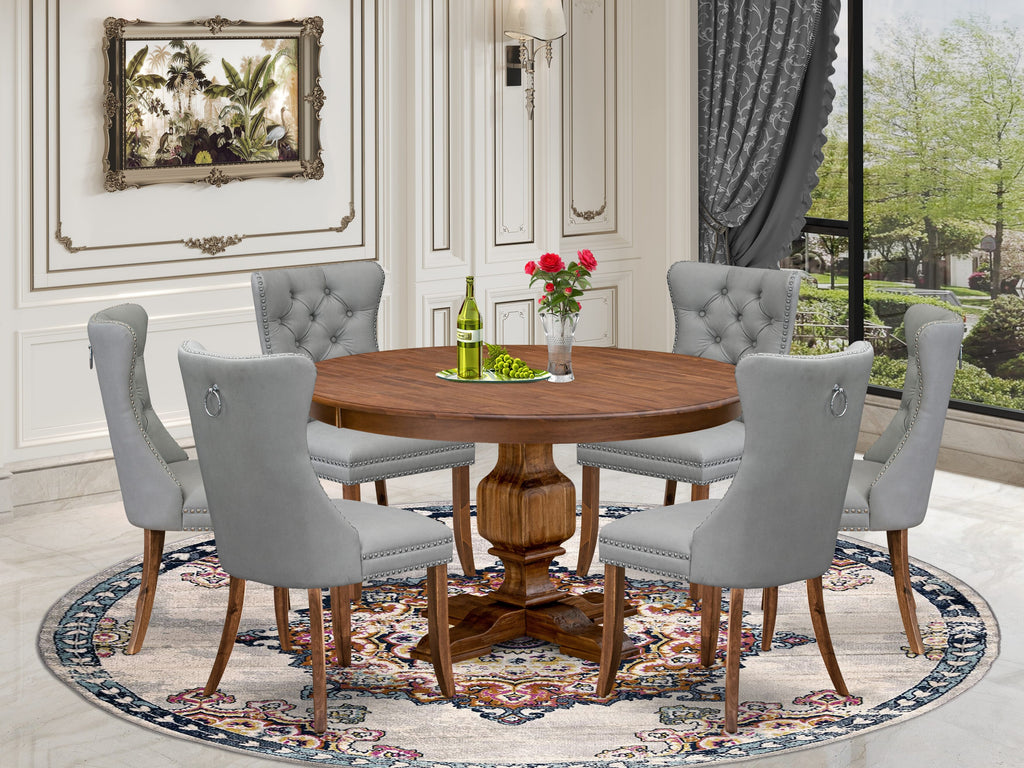 Luxe by East West Furniture F3DA7-50N-27 7-Pc Mid Century Dining Set Consist a Table and 6 Light Gray Faux Leather Upholstered Chairs with Button-Tufted Back, Antique Walnut
