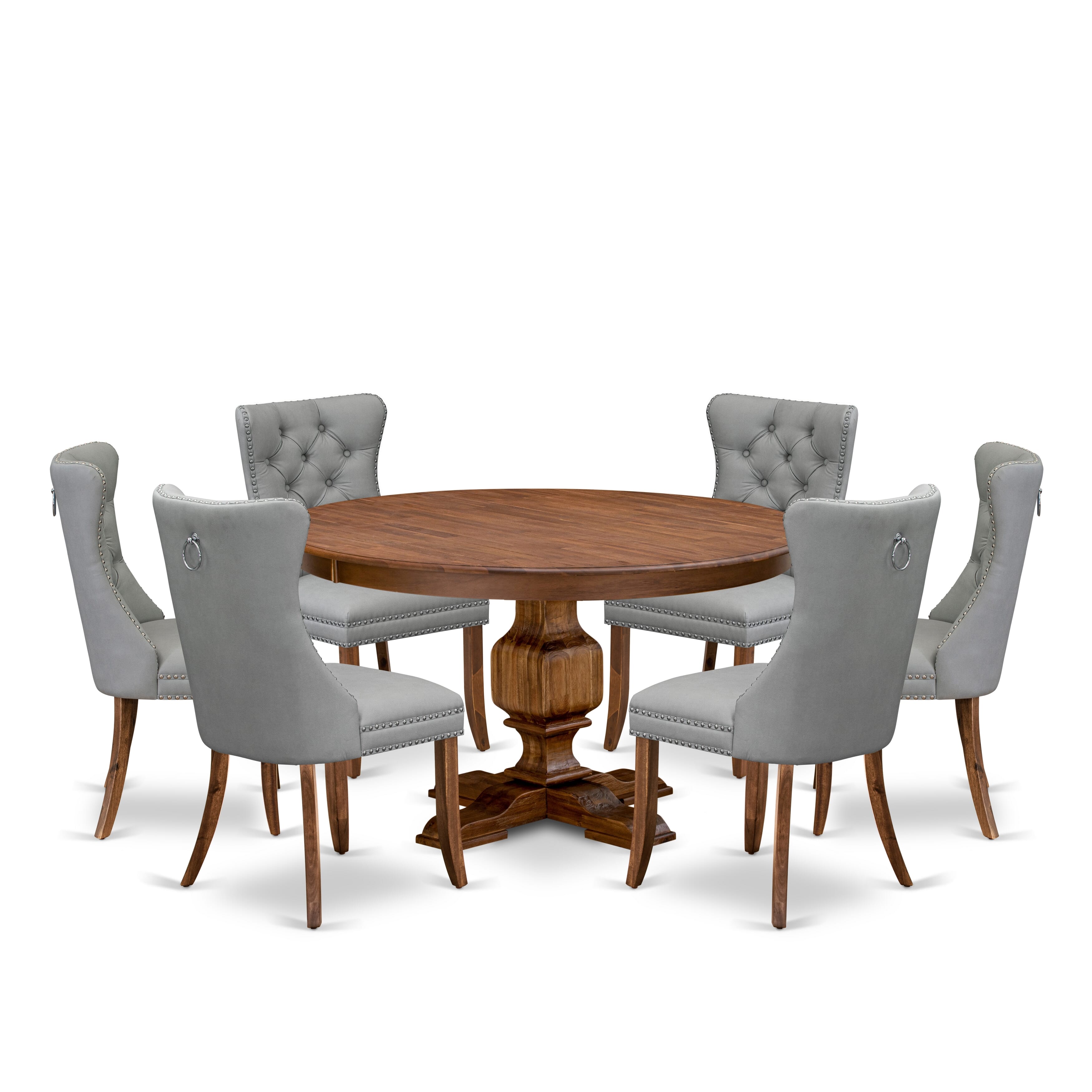 Luxe by East West Furniture F3DA7-50N-27 7-Pc Mid Century Dining Set Consist a Table and 6 Light Gray Faux Leather Upholstered Chairs with Button-Tufted Back, Antique Walnut
