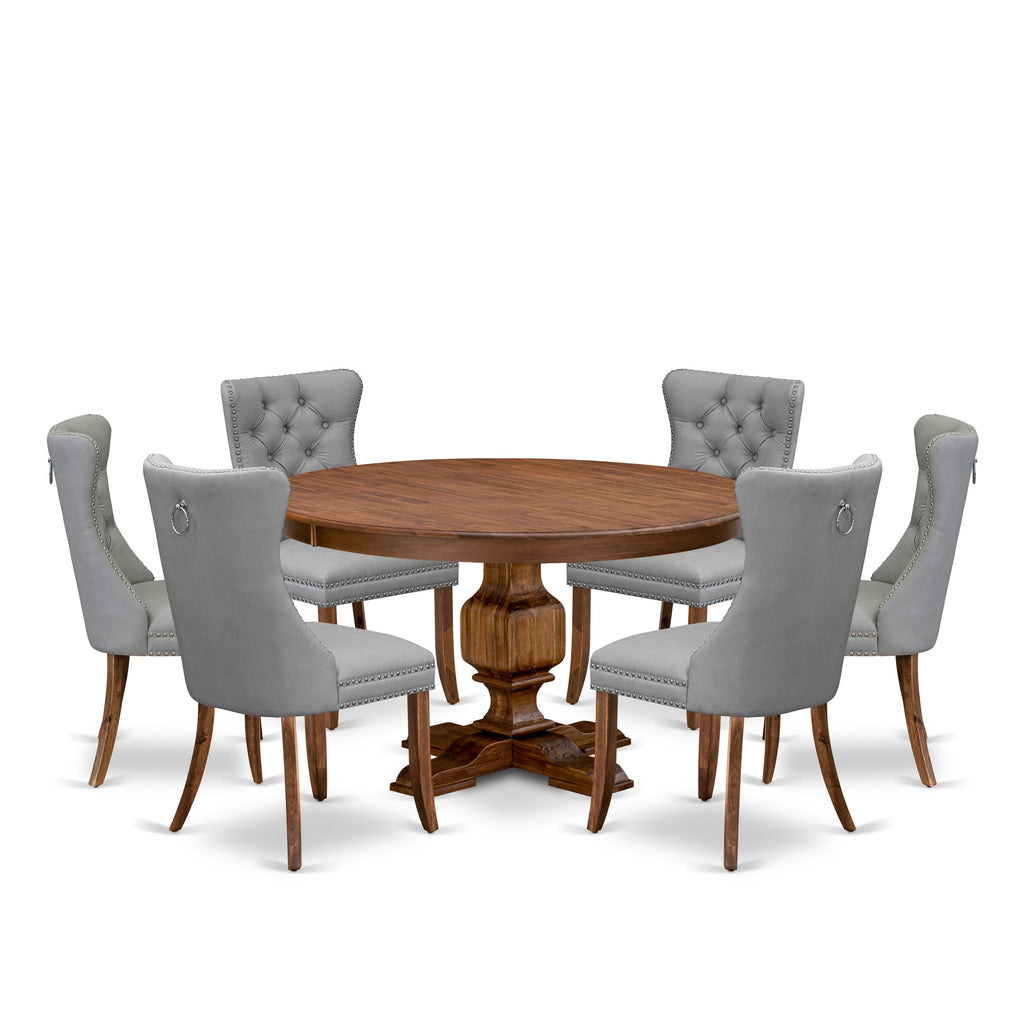 Luxe by East West Furniture F3DA7-50N-27 7-Pc Mid Century Dining Set Consist a Table and 6 Light Gray Faux Leather Upholstered Chairs with Button-Tufted Back, Antique Walnut