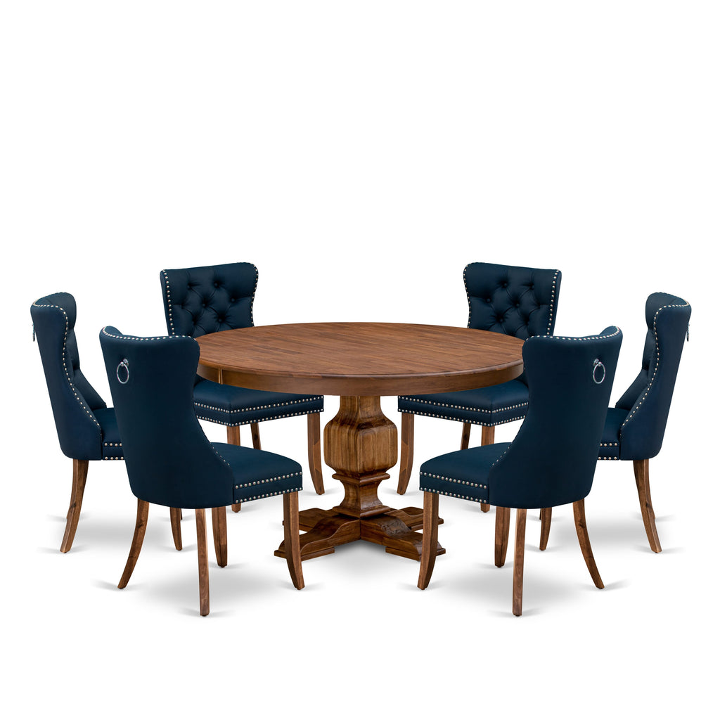 Luxe by East West Furniture F3DA7-50N-29 7-Pc Dinner Table Set Consist a Mid Century Table and 6 Navy Blue Faux Leather Parsons Chairs with Button-Tufted Back, Antique Walnut