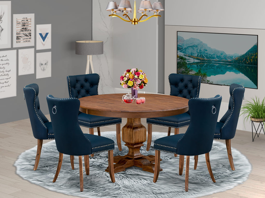Luxe by East West Furniture F3DA7-50N-29 7-Pc Dinner Table Set Consist a Mid Century Table and 6 Navy Blue Faux Leather Parsons Chairs with Button-Tufted Back, Antique Walnut