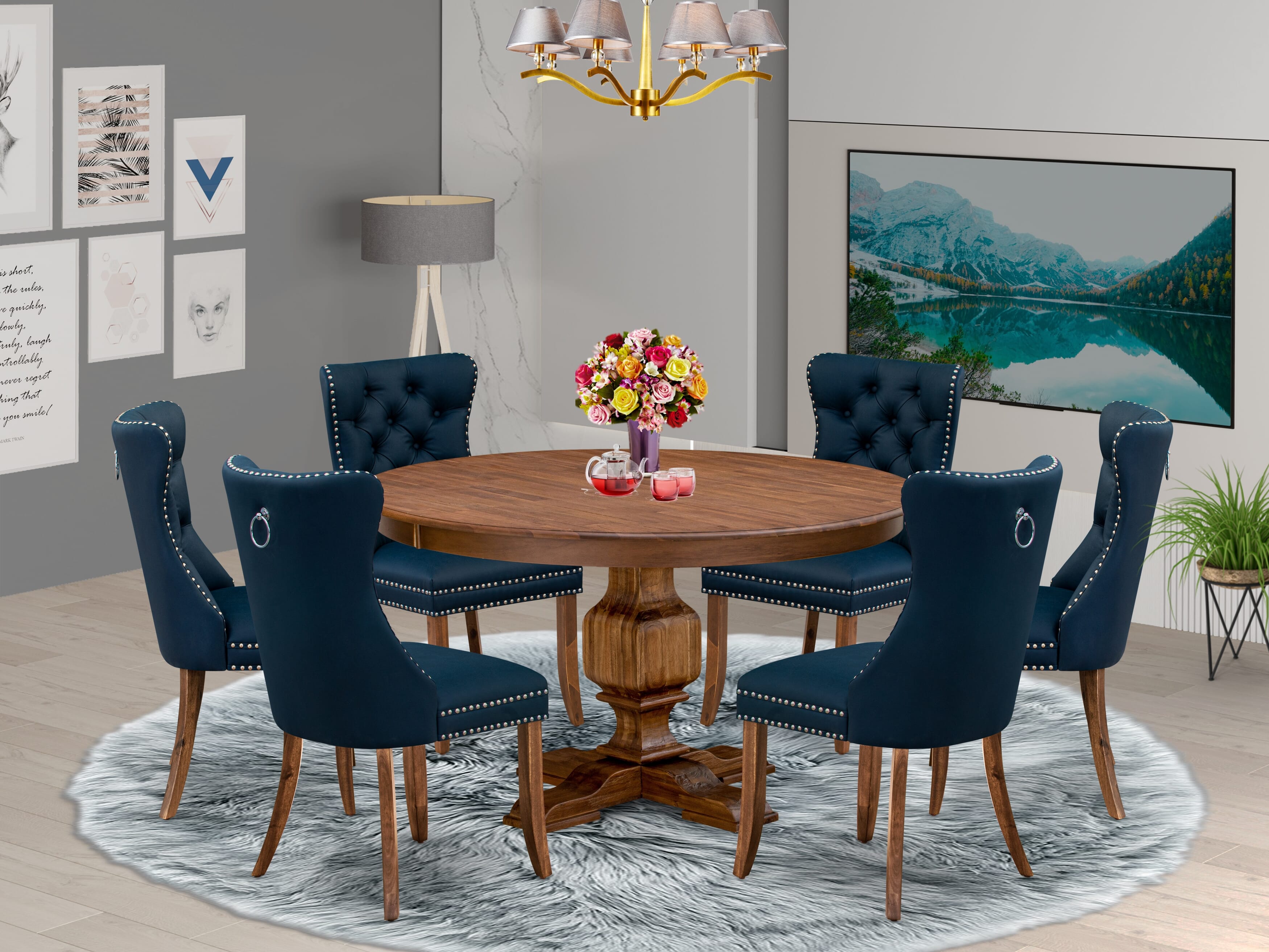 Luxe by East West Furniture F3DA7-50N-29 7-Pc Dinner Table Set Consist a Mid Century Table and 6 Navy Blue Faux Leather Parsons Chairs with Button-Tufted Back, Antique Walnut