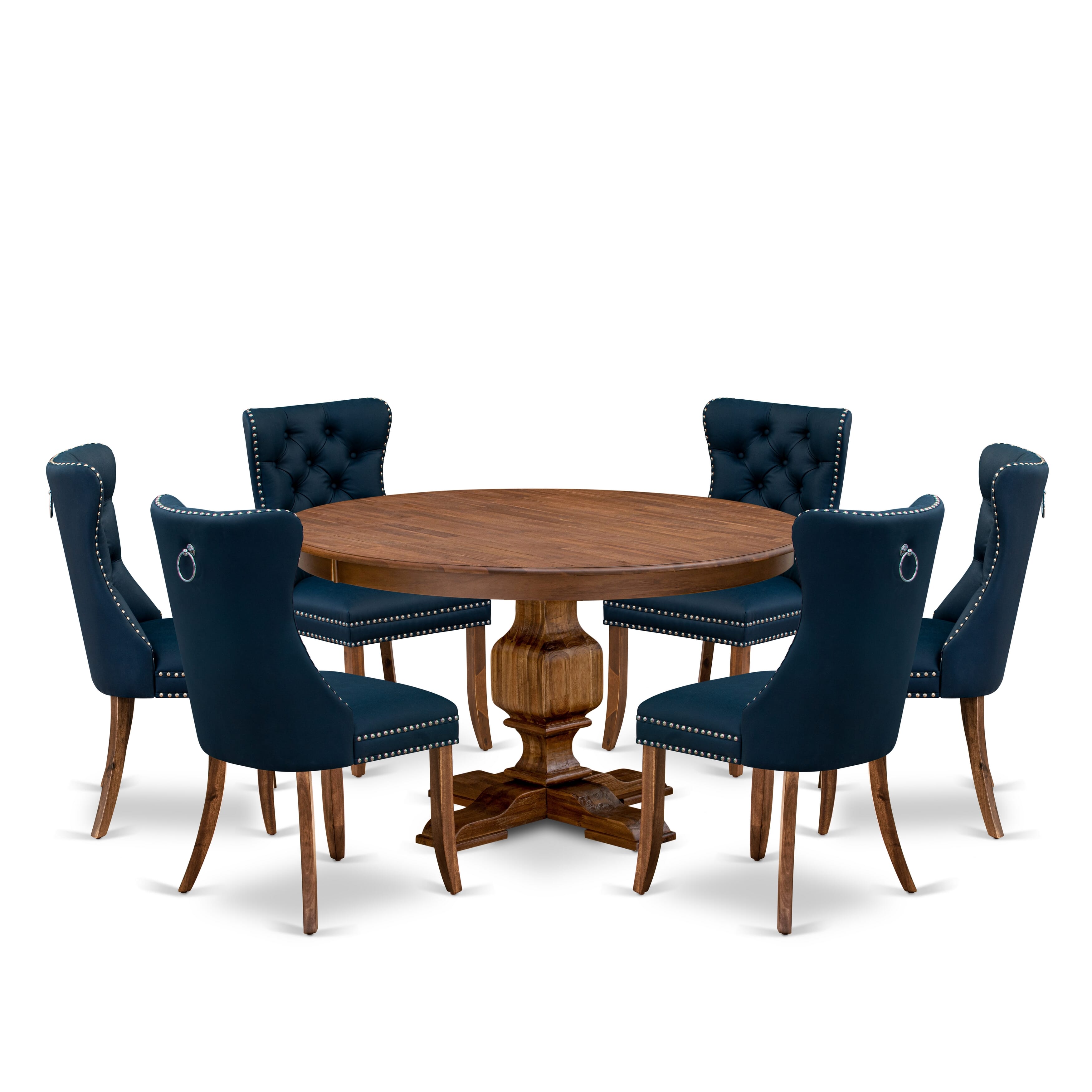 Luxe by East West Furniture F3DA7-50N-29 7-Pc Dinner Table Set Consist a Mid Century Table and 6 Navy Blue Faux Leather Parsons Chairs with Button-Tufted Back, Antique Walnut