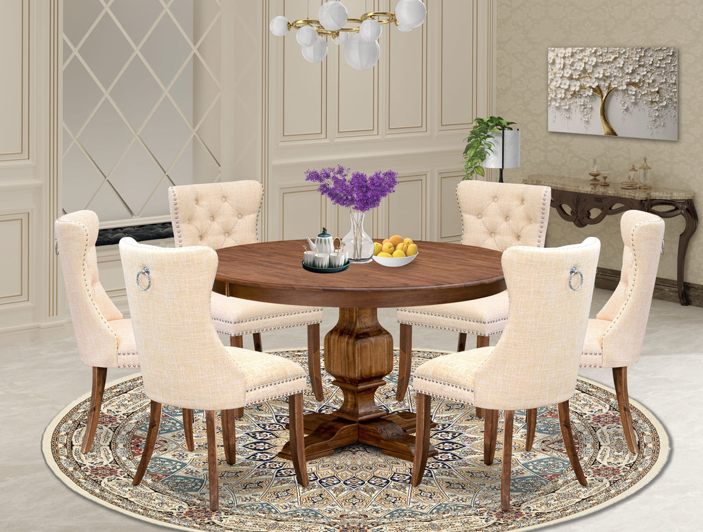 Luxe by East West Furniture F3DA7-50N-32 7-Piece Modern Dining Set with Linen Fabric 6 Light Beige Padded chairs, Button-Tufted Backs, and a 54"Round Breakfast Table in Antique Walnut Finish.
