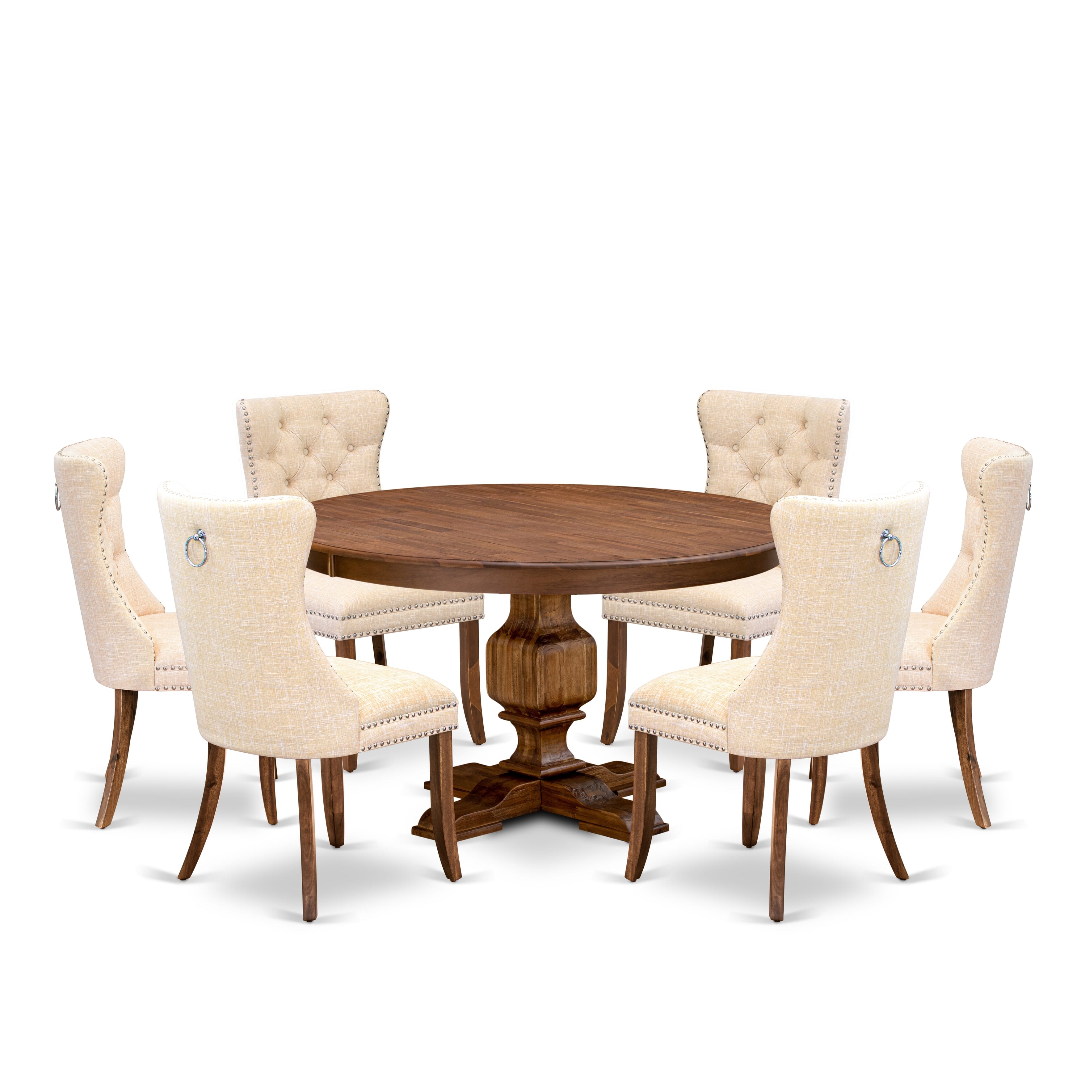 Luxe by East West Furniture F3DA7-50N-32 7-Piece Modern Dining Set with Linen Fabric 6 Light Beige Padded chairs, Button-Tufted Backs, and a 54"Round Breakfast Table in Antique Walnut Finish.