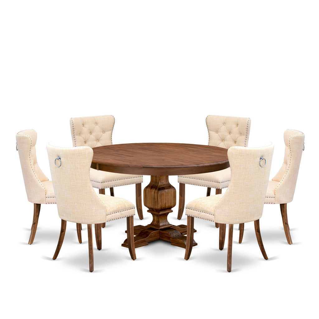 Luxe by East West Furniture F3DA7-50N-32 7-Piece Modern Dining Set with Linen Fabric 6 Light Beige Padded chairs, Button-Tufted Backs, and a 54"Round Breakfast Table in Antique Walnut Finish.