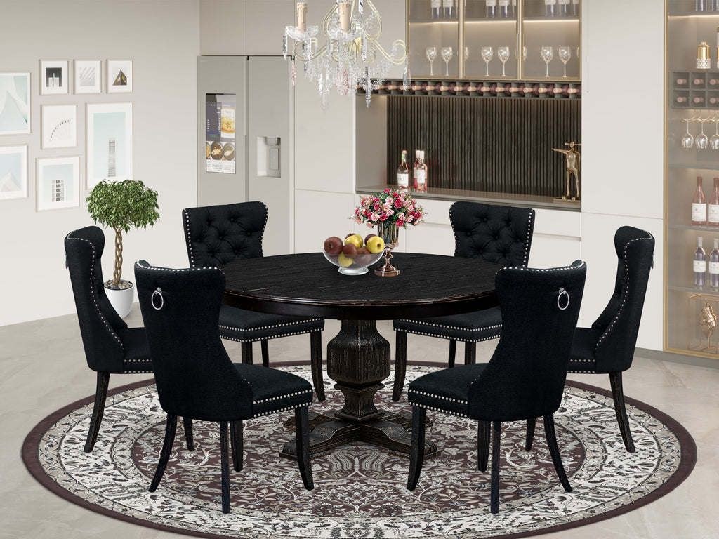 Luxe by East West Furniture F3DA7-511-24 7 Piece Kitchen Table Set Contains a 54" Round Table with Pedestal and 6 Black Linen Fabric Upholstered Chairs, Sand Blasted Black