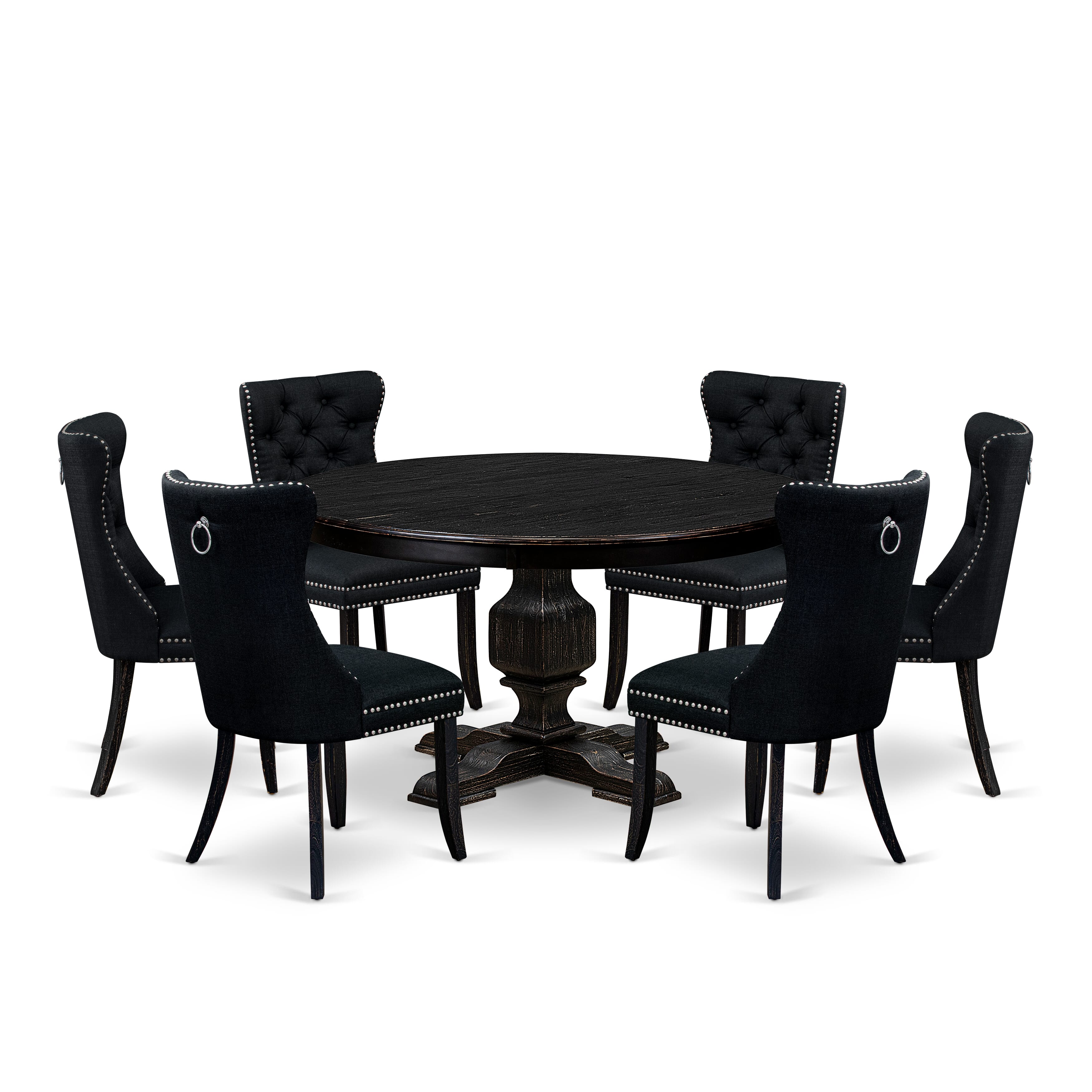 Luxe by East West Furniture F3DA7-511-24 7 Piece Kitchen Table Set Contains a 54" Round Table with Pedestal and 6 Black Linen Fabric Upholstered Chairs, Sand Blasted Black