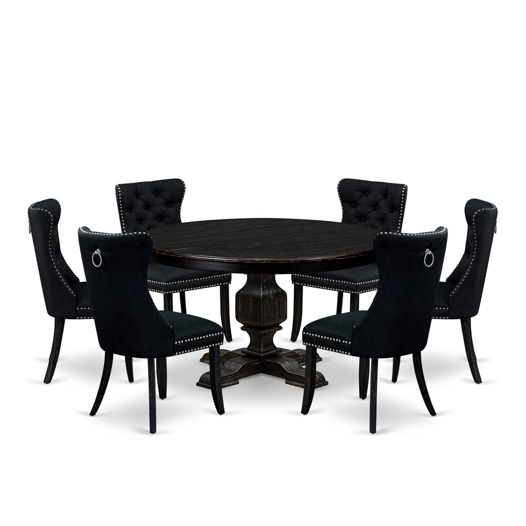 Luxe by East West Furniture F3DA7-511-24 7 Piece Kitchen Table Set Contains a 54" Round Table with Pedestal and 6 Black Linen Fabric Upholstered Chairs, Sand Blasted Black