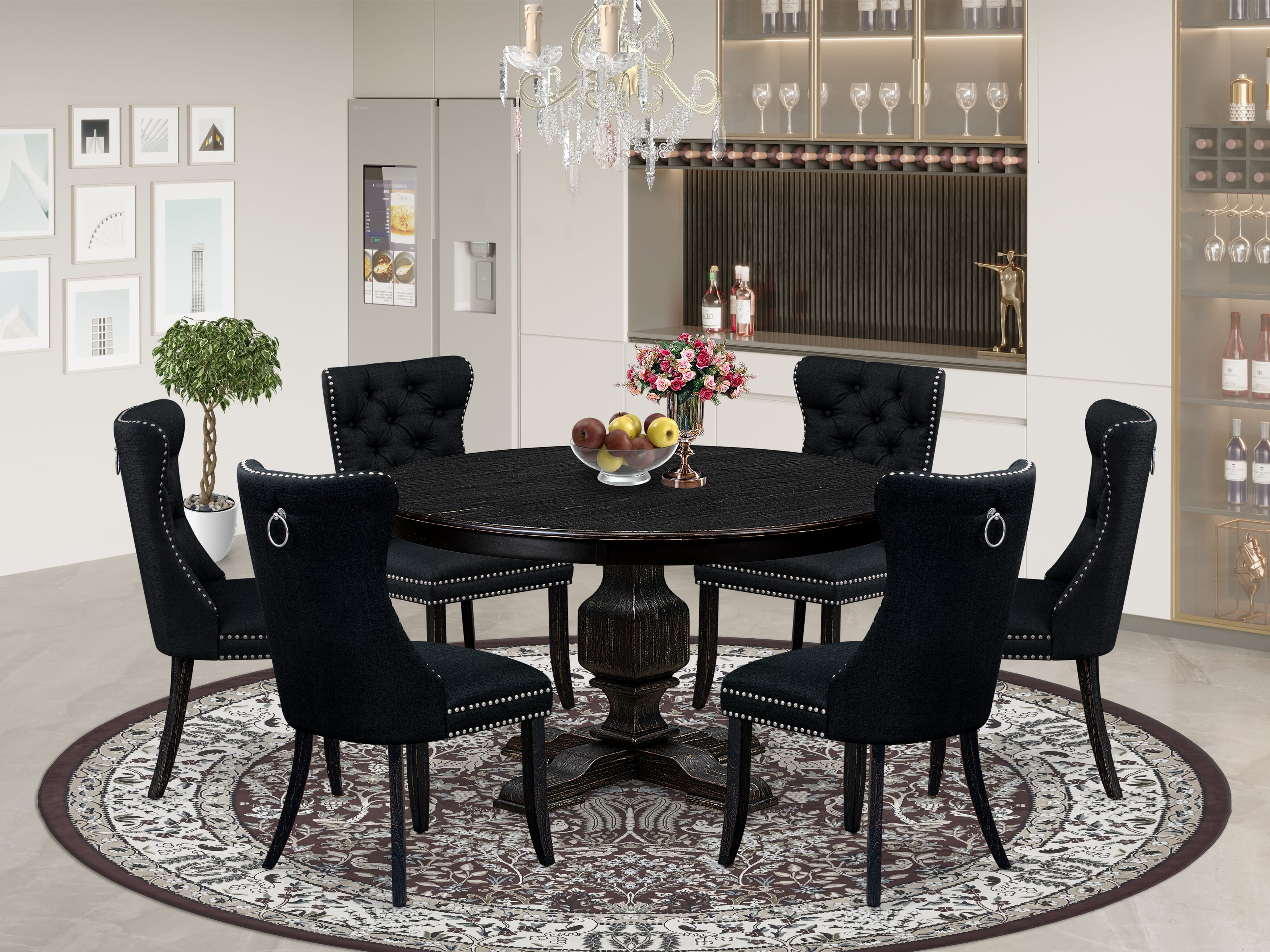 Luxe by East West Furniture F3DA7-511-24 7 Piece Kitchen Table Set Contains a 54" Round Table with Pedestal and 6 Black Linen Fabric Upholstered Chairs, Sand Blasted Black