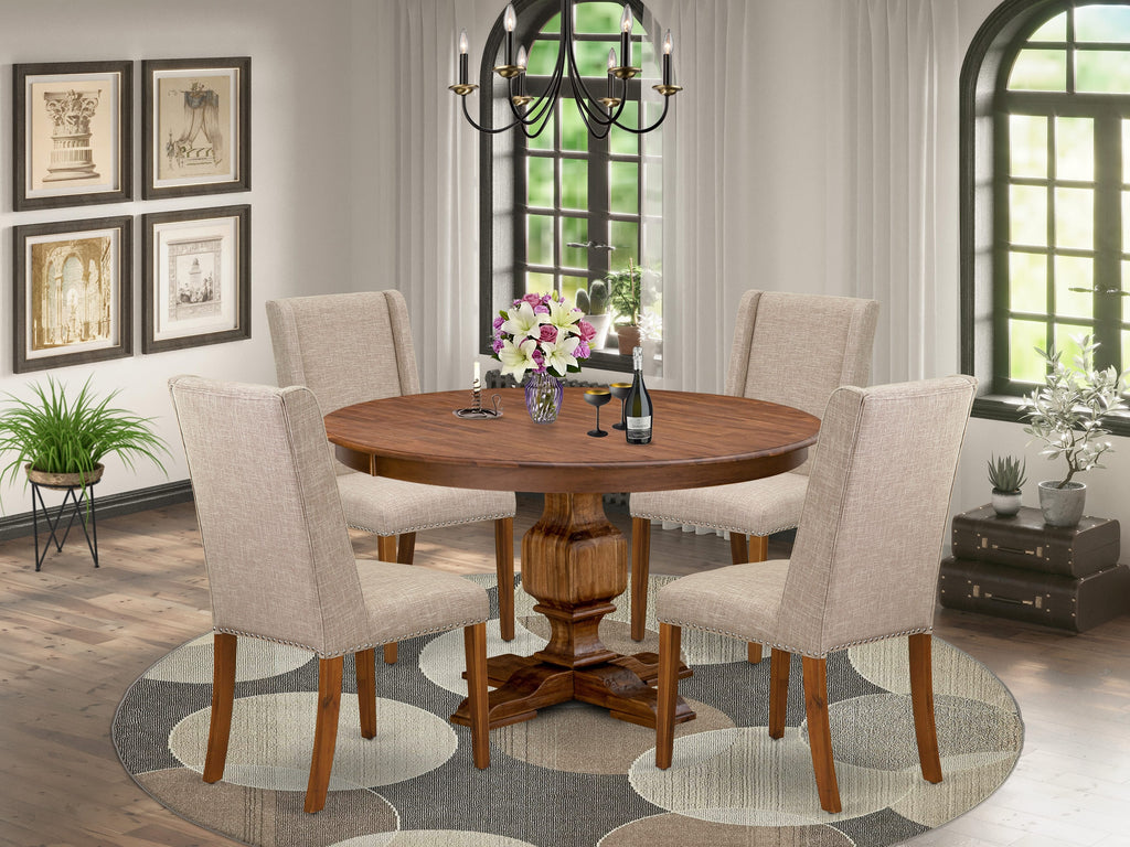Luxe by East West Furniture F3FL5-50N-04 5-piece Kitchen Table Set included a modern table and 4 Light Tan Linen Fabric dining chairs with Padded Back - Antique Walnut
