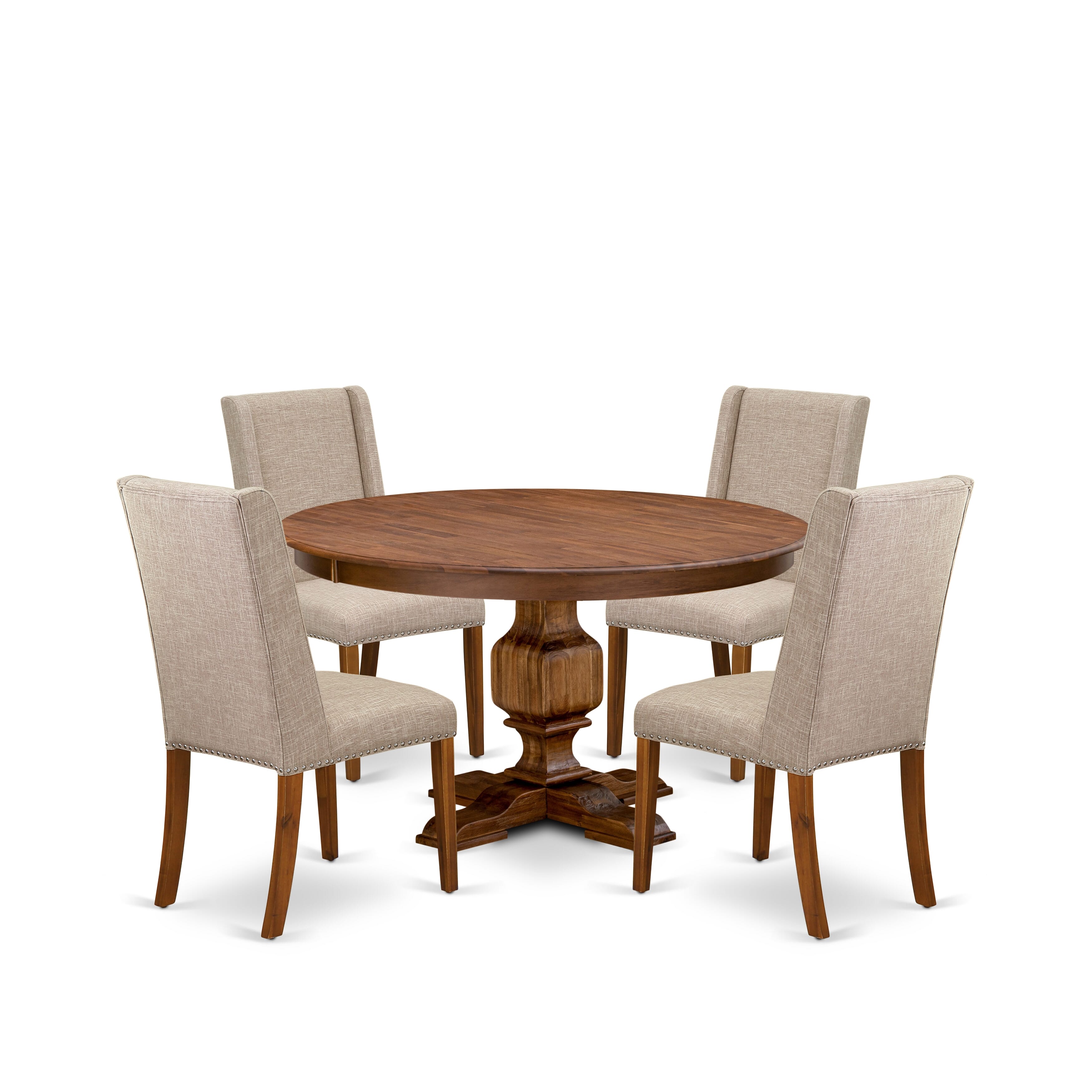 Luxe by East West Furniture F3FL5-50N-04 5-piece Kitchen Table Set included a modern table and 4 Light Tan Linen Fabric dining chairs with Padded Back - Antique Walnut