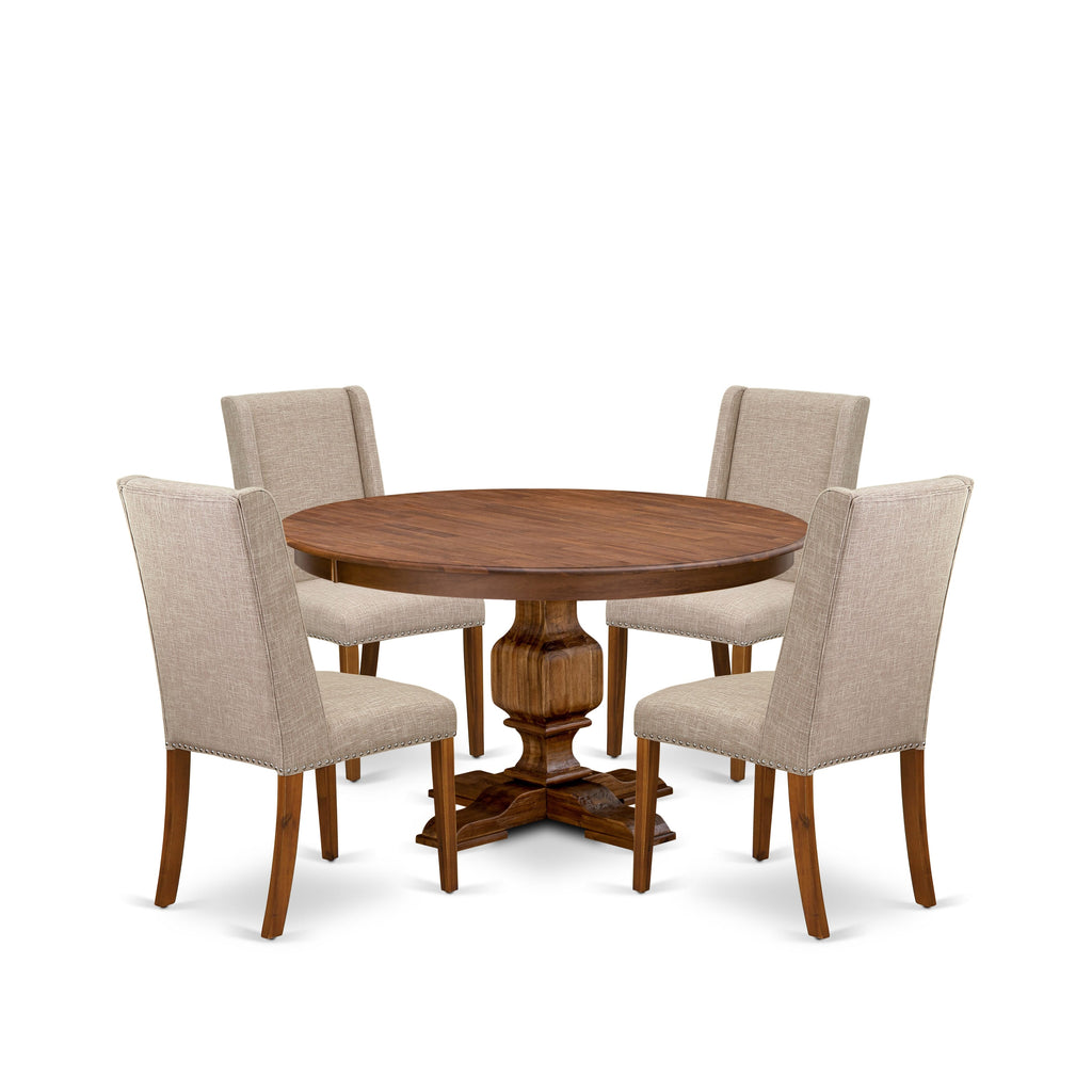 Luxe by East West Furniture F3FL5-50N-04 5-piece Kitchen Table Set included a modern table and 4 Light Tan Linen Fabric dining chairs with Padded Back - Antique Walnut