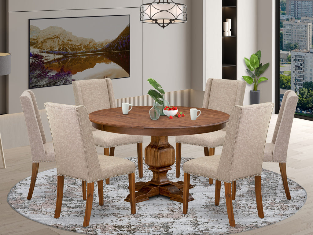 Luxe by East West Furniture F3FL7-50N-04 7-pc Dining Set consists of a modern kitchen table and 6 Light Tan Linen Fabric dining room chairs with Padded Back - Antique Walnut