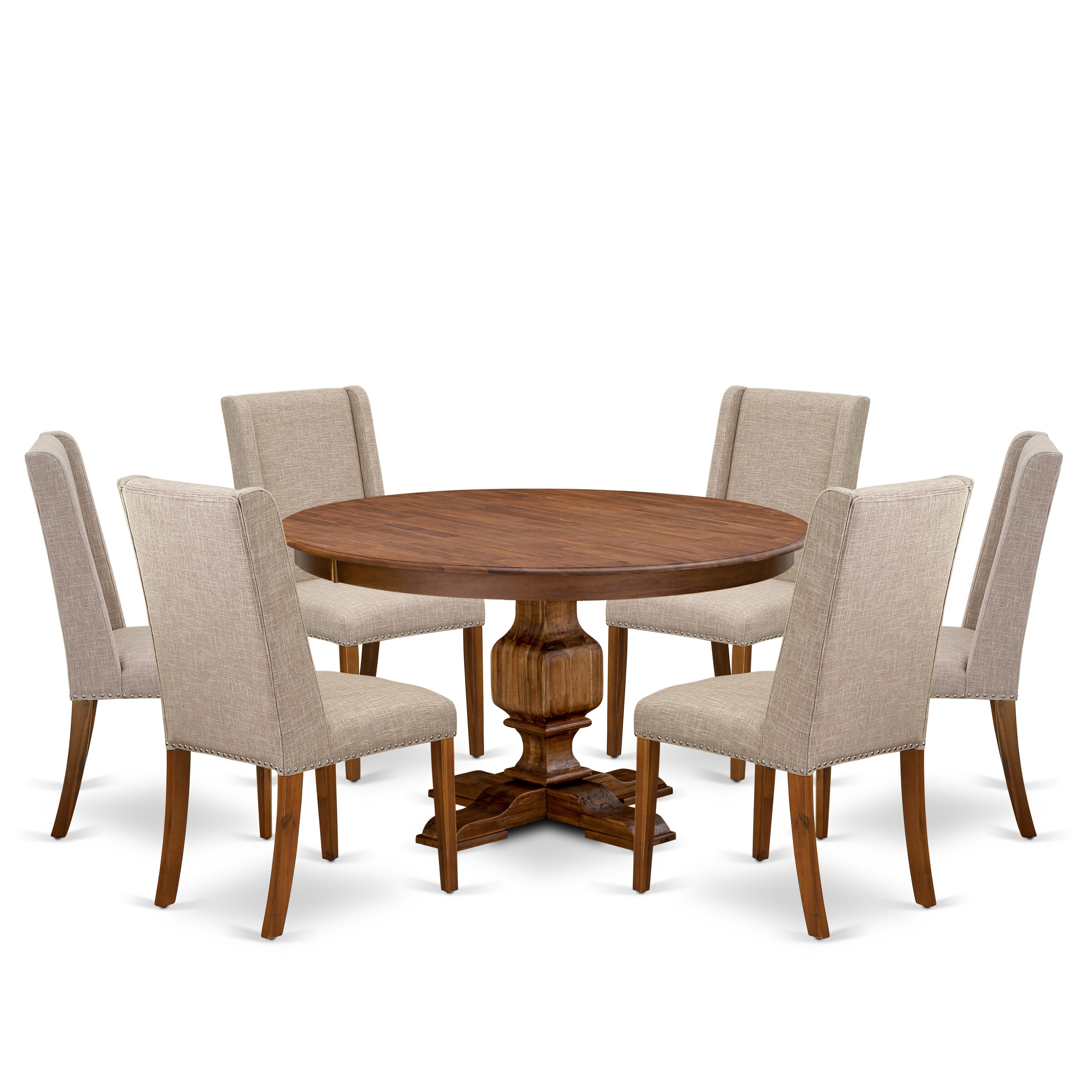 Luxe by East West Furniture F3FL7-50N-04 7-pc Dining Set consists of a modern kitchen table and 6 Light Tan Linen Fabric dining room chairs with Padded Back - Antique Walnut