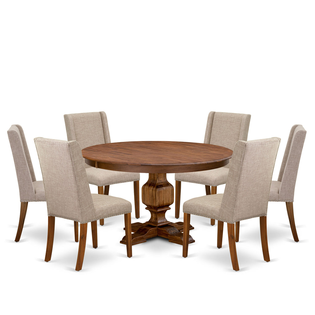 Luxe by East West Furniture F3FL7-50N-04 7-pc Dining Set consists of a modern kitchen table and 6 Light Tan Linen Fabric dining room chairs with Padded Back - Antique Walnut