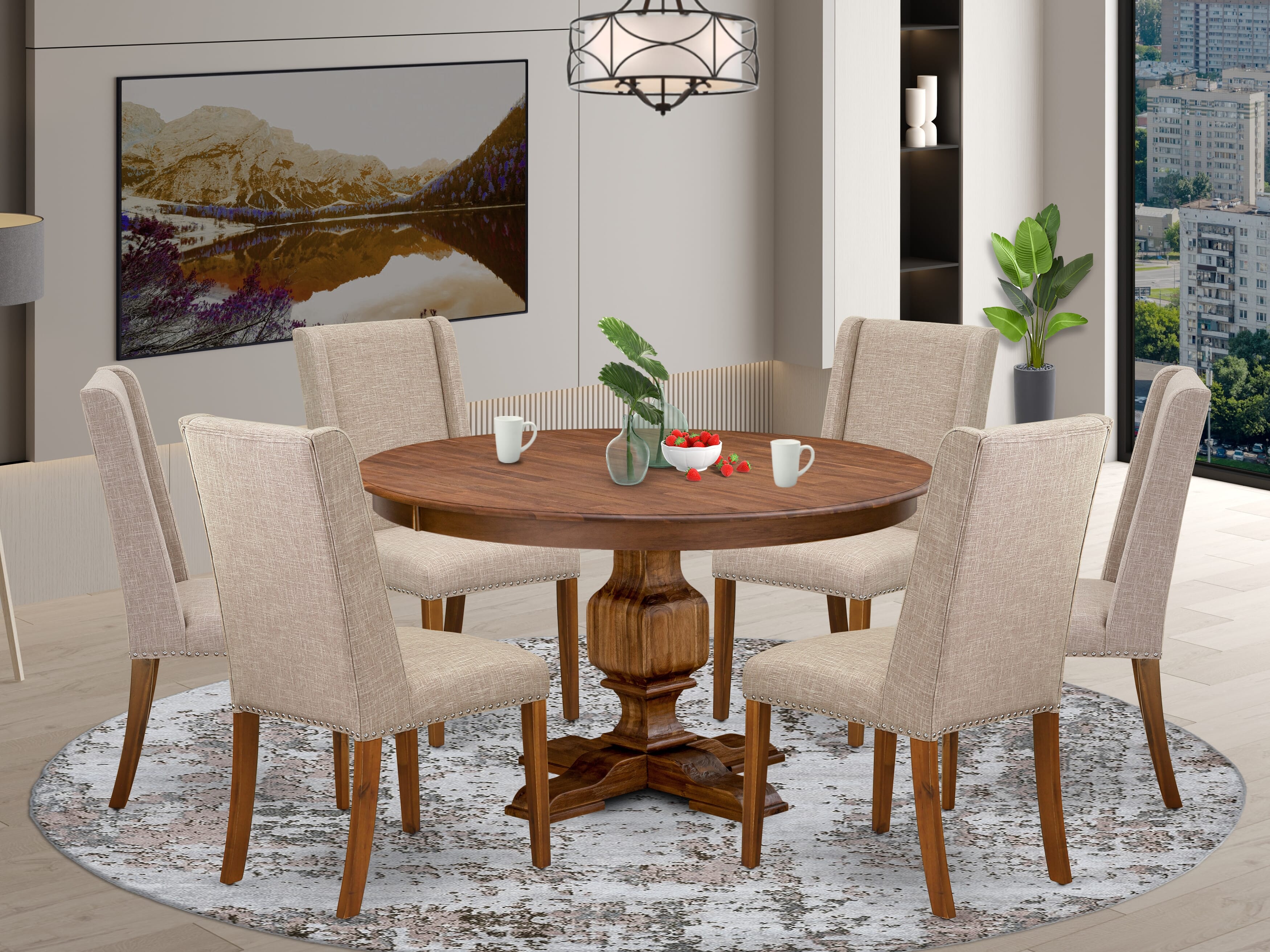 Luxe by East West Furniture F3FL7-50N-04 7-pc Dining Set consists of a modern kitchen table and 6 Light Tan Linen Fabric dining room chairs with Padded Back - Antique Walnut