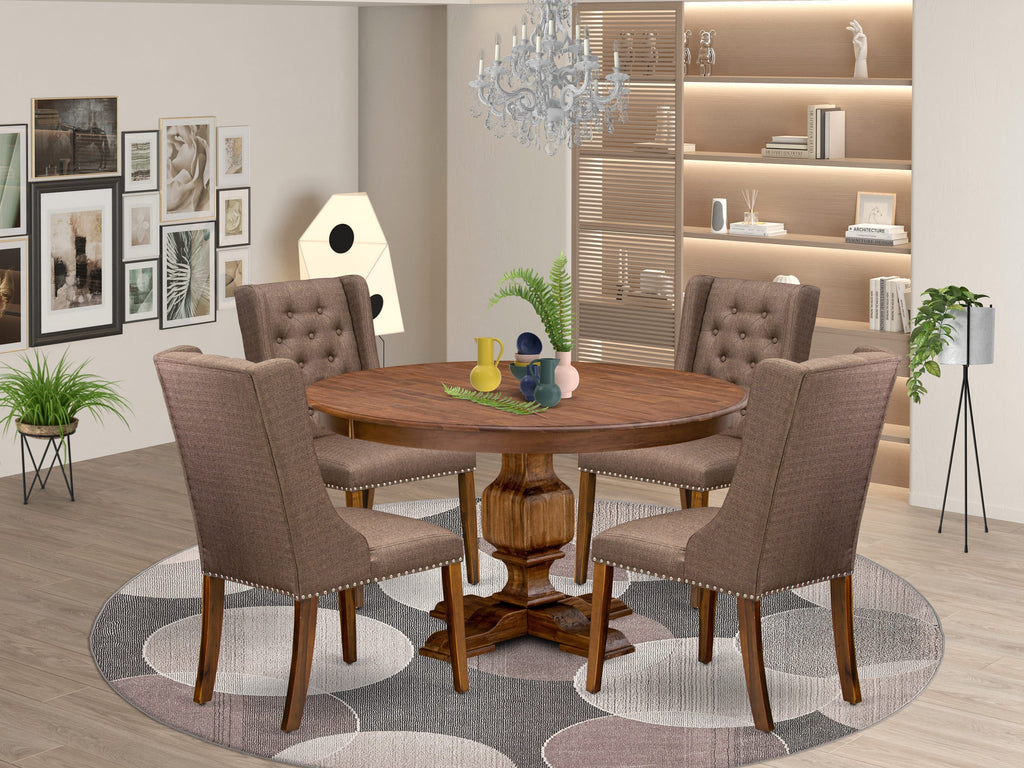 Luxe by East West Furniture - F3FO5-50N-18 - 5-Piece Dining Table Set Consist of A Dining Table and 4 Brown Linen Fabric Parsons Chairs with Button Tufted Back, Antique Walnut