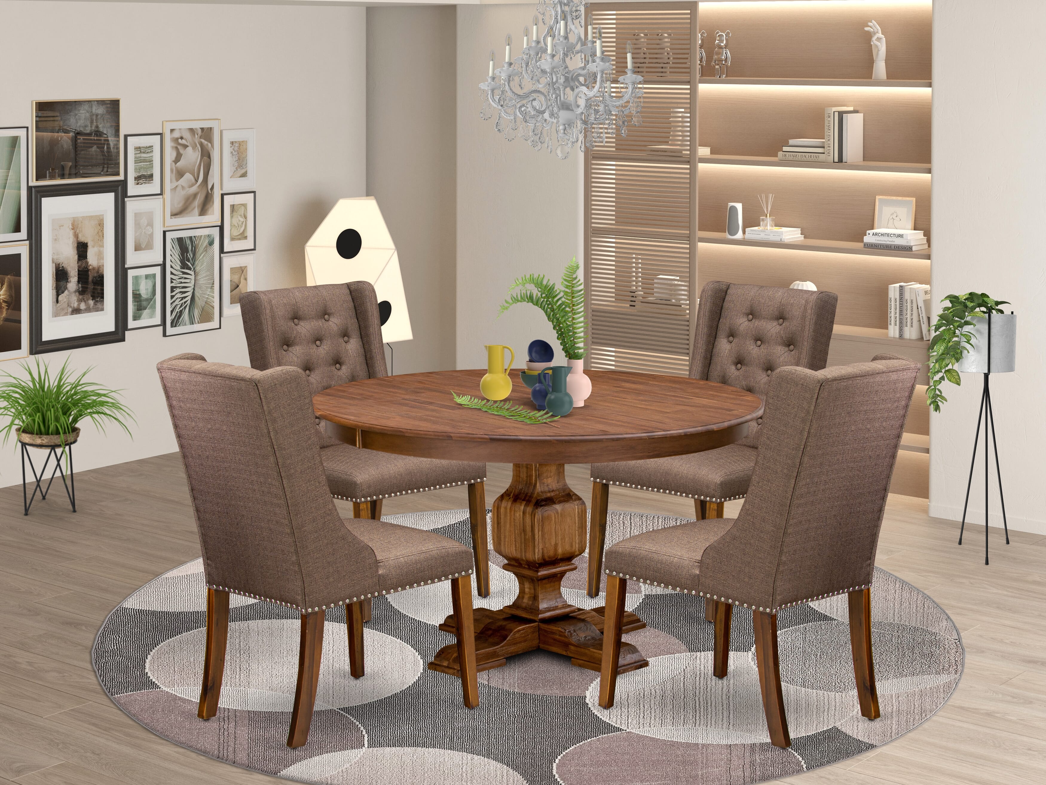 Luxe by East West Furniture - F3FO5-50N-18 - 5-Piece Dining Table Set Consist of A Dining Table and 4 Brown Linen Fabric Parsons Chairs with Button Tufted Back, Antique Walnut