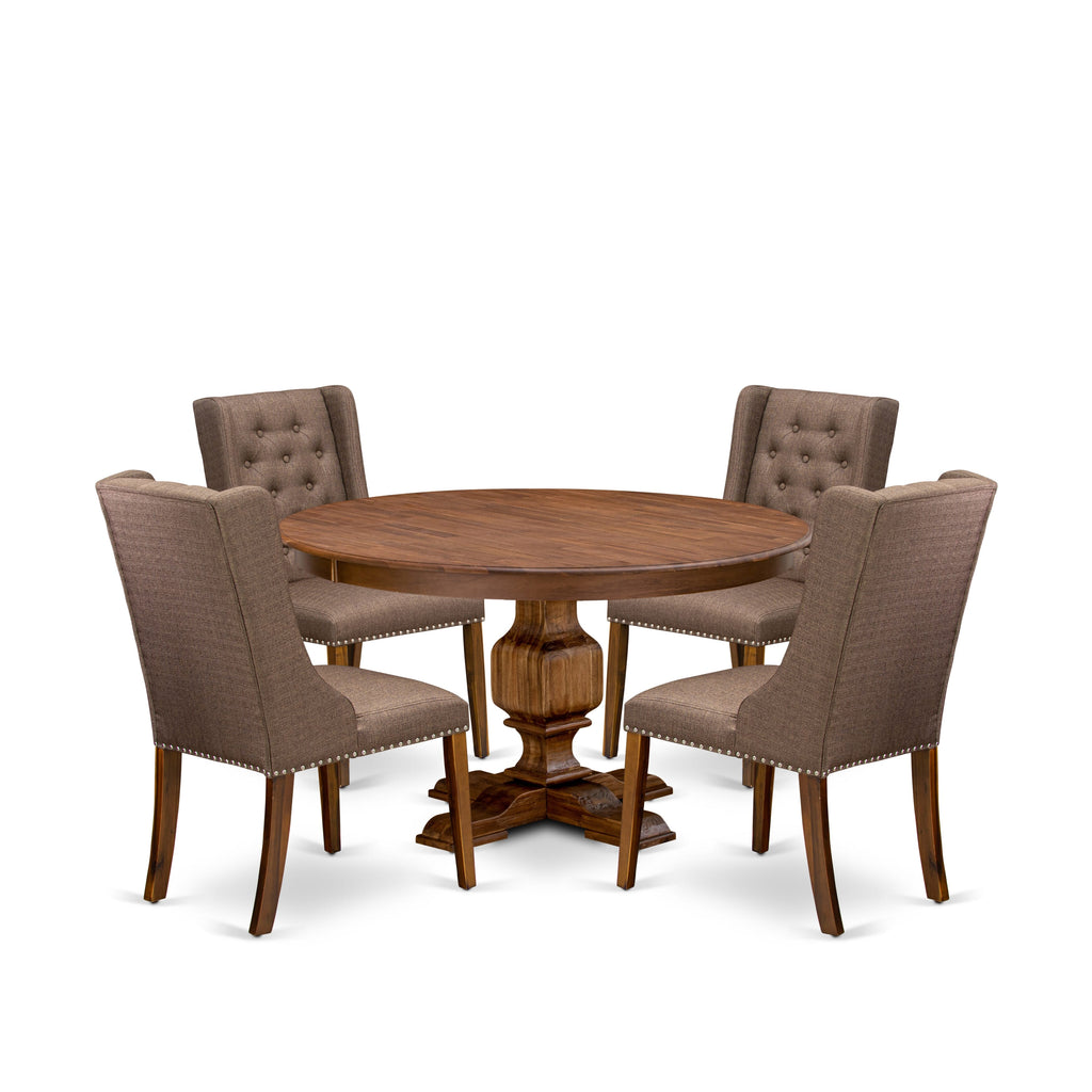 Luxe by East West Furniture - F3FO5-50N-18 - 5-Piece Dining Table Set Consist of A Dining Table and 4 Brown Linen Fabric Parsons Chairs with Button Tufted Back, Antique Walnut