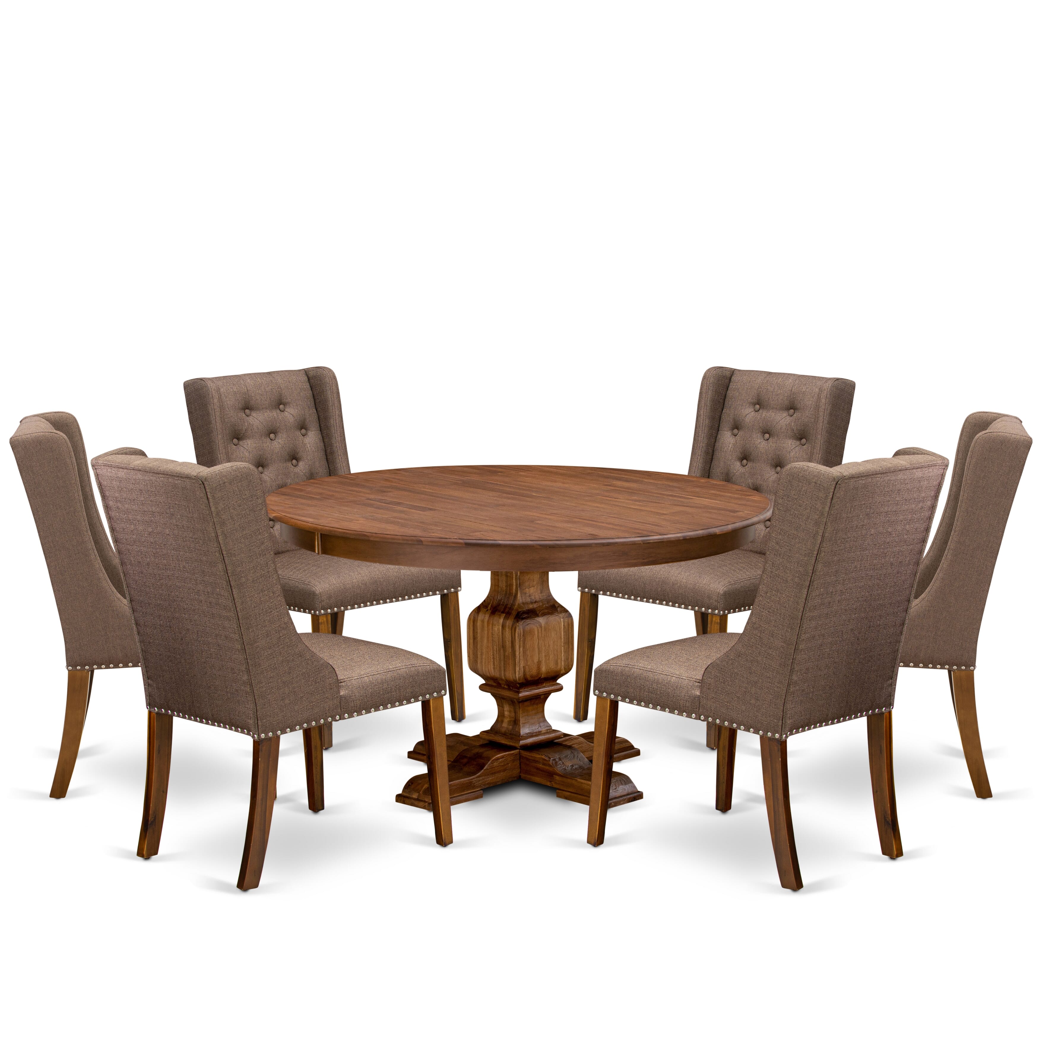 Luxe by East West Furniture - F3FO7-50N-18 - 7-Piece Mid Century Modern Dining Set Includes A Table and 6 Brown Linen Fabric Chairs with Button Tufted Back, Antique Walnut