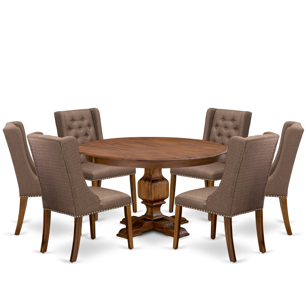 Luxe by East West Furniture - F3FO7-50N-18 - 7-Piece Mid Century Modern Dining Set Includes A Table and 6 Brown Linen Fabric Chairs with Button Tufted Back, Antique Walnut