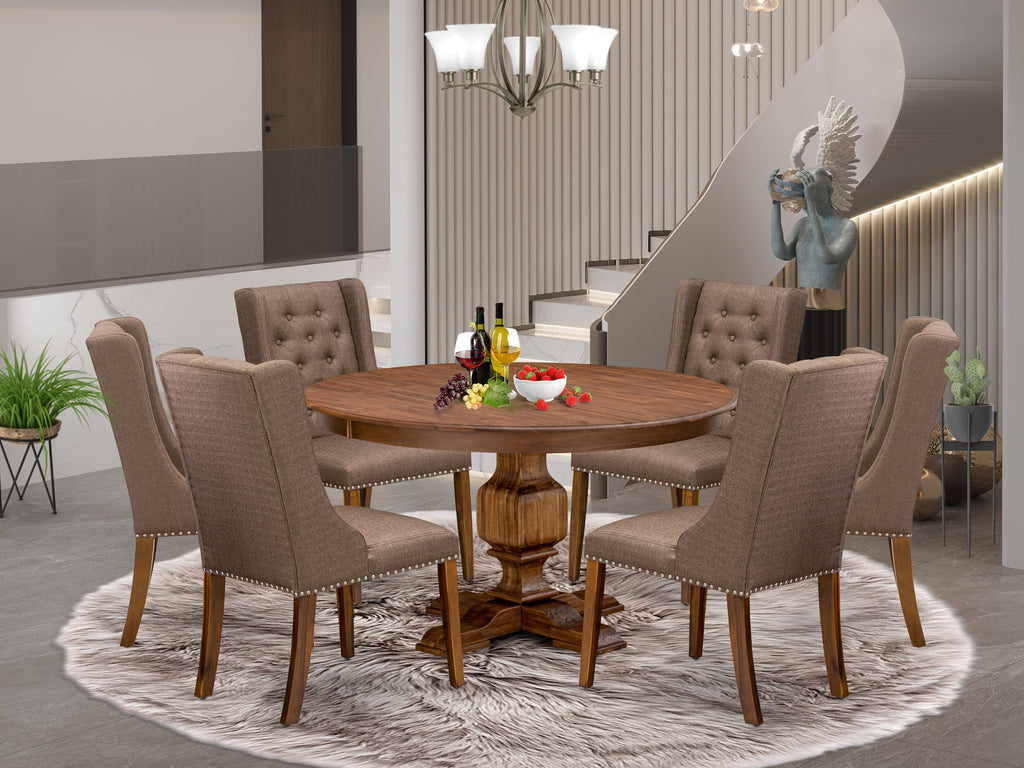 Luxe by East West Furniture - F3FO7-50N-18 - 7-Piece Mid Century Modern Dining Set Includes A Table and 6 Brown Linen Fabric Chairs with Button Tufted Back, Antique Walnut