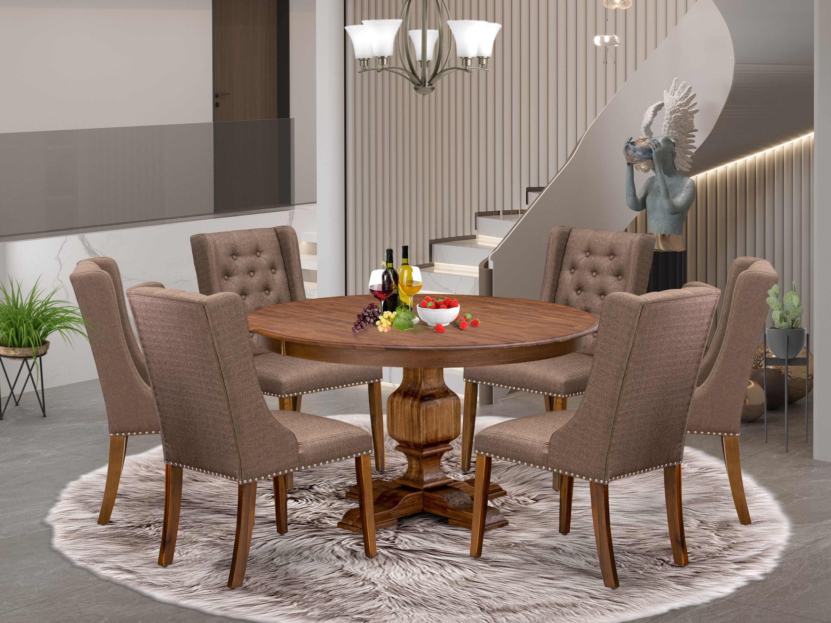 Luxe by East West Furniture - F3FO7-50N-18 - 7-Piece Mid Century Modern Dining Set Includes A Table and 6 Brown Linen Fabric Chairs with Button Tufted Back, Antique Walnut