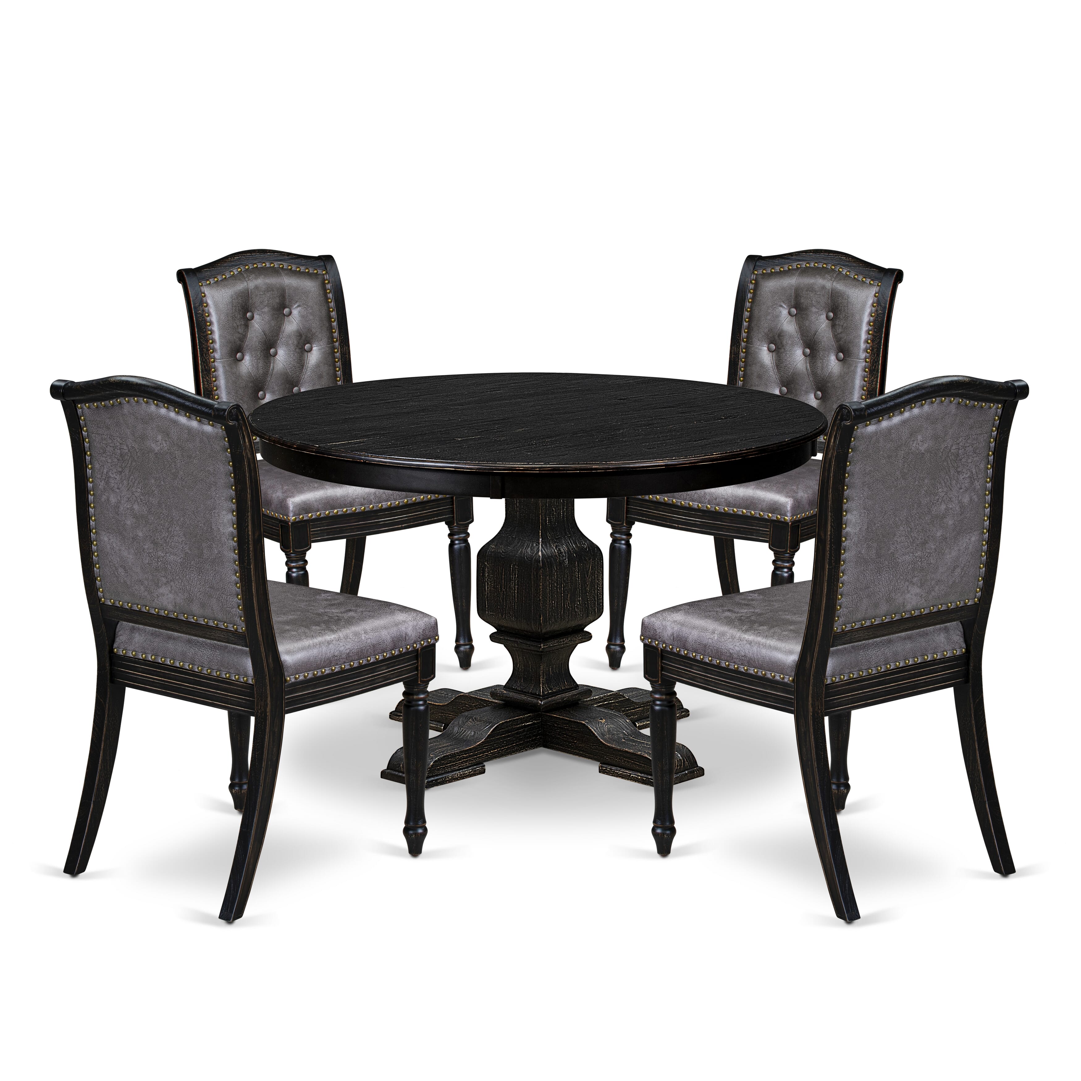 Luxe by East West Furniture - F3MA5-411-34 - 5-piece Kitchen Table Set consists of a Dining Table and 4 Dark Grey Polyester Fabric Kitchen Chairs with Button Tufted Back - Sand Blasting Black Finish