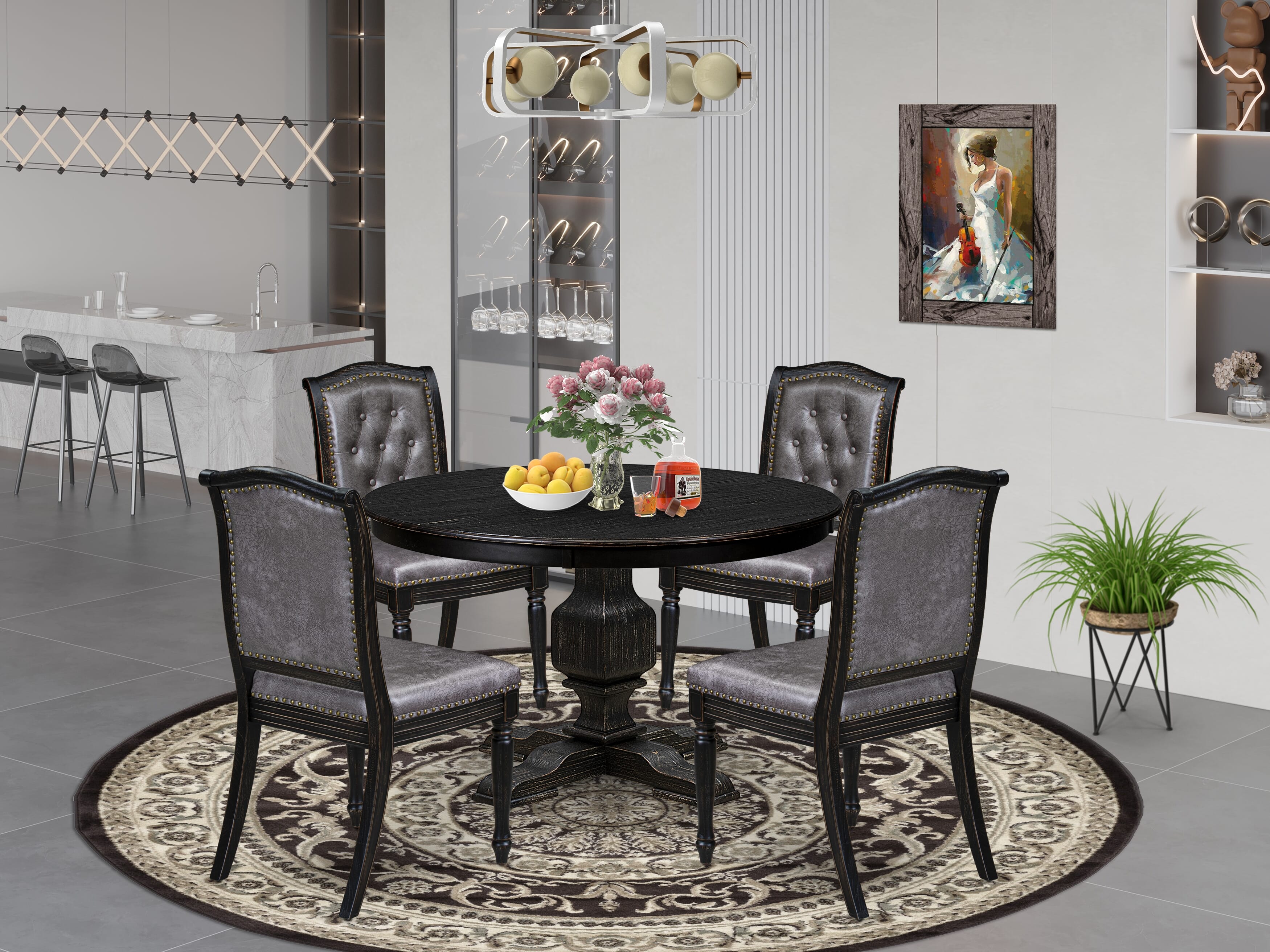 Luxe by East West Furniture - F3MA5-411-34 - 5-piece Kitchen Table Set consists of a Dining Table and 4 Dark Grey Polyester Fabric Kitchen Chairs with Button Tufted Back - Sand Blasting Black Finish