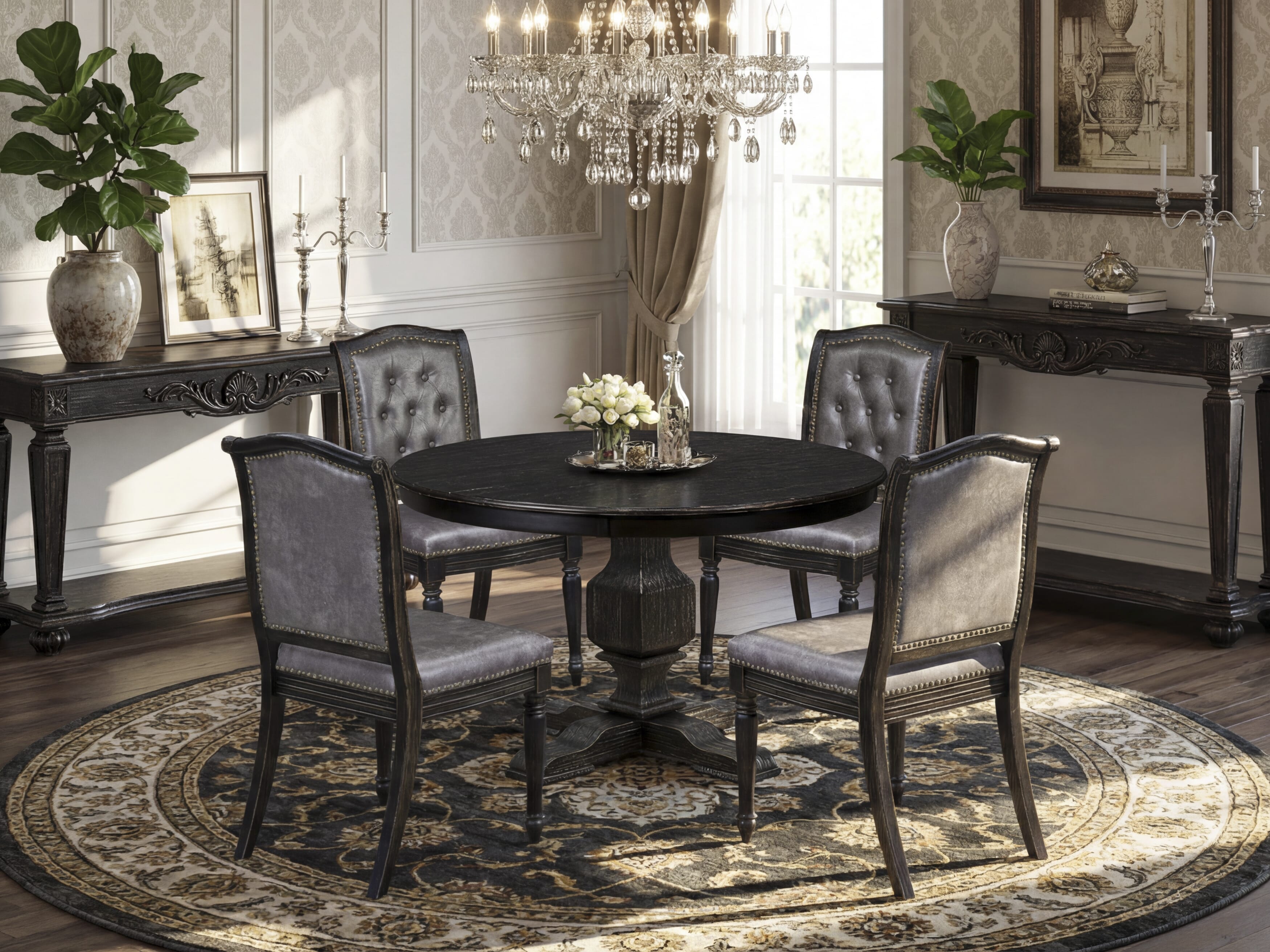 Luxe by East West Furniture - F3MA5-411-34 - 5-piece Kitchen Table Set consists of a Dining Table and 4 Dark Grey Polyester Fabric Kitchen Chairs with Button Tufted Back - Sand Blasting Black Finish