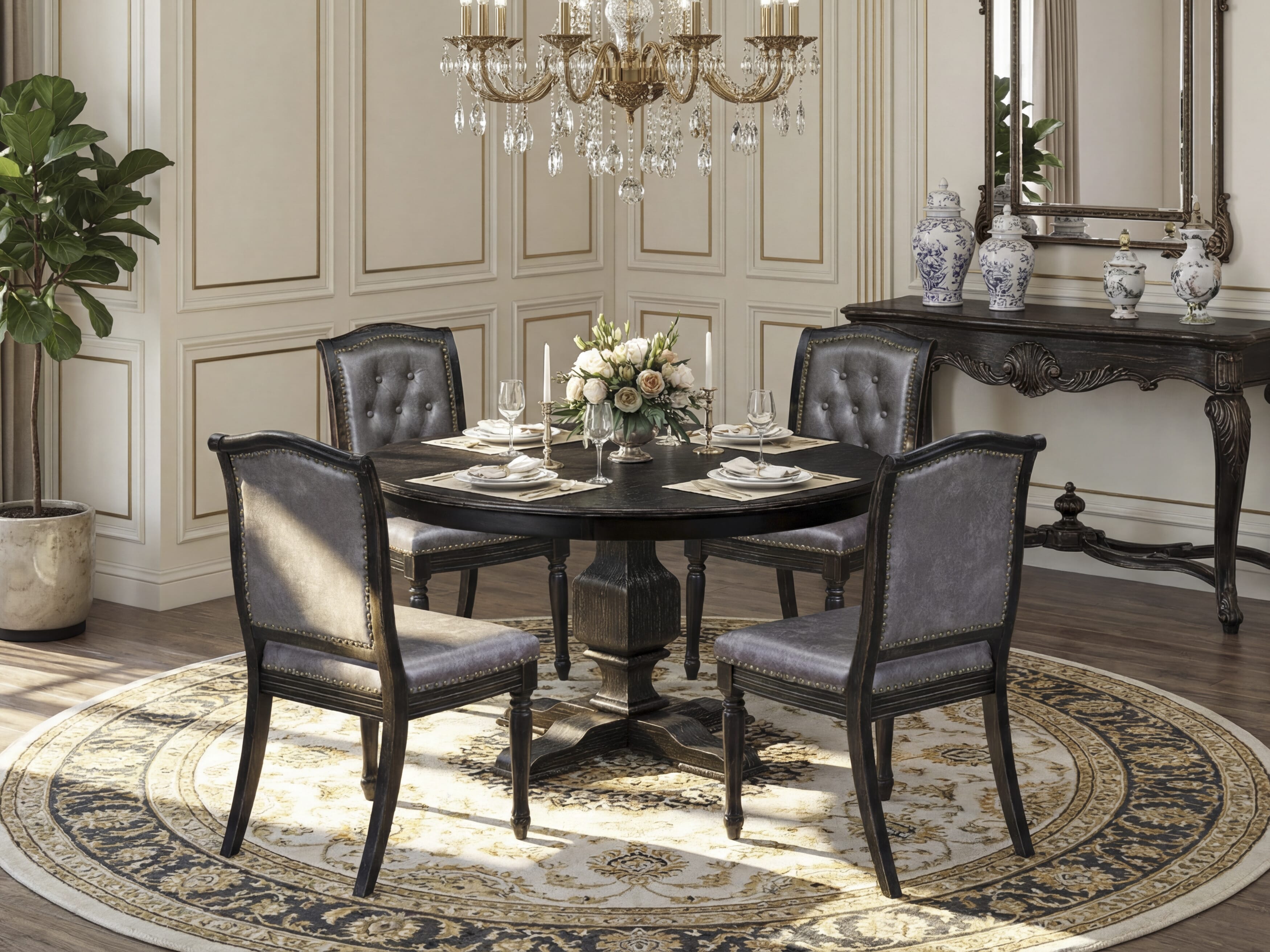 Luxe by East West Furniture - F3MA5-511-34 - 5-piece Dining Room Set consists of a Dining Table and 4 Dark Grey Polyester Fabric Mid Century Modern Chair with Button Tufted Back - Sand Blasting Black