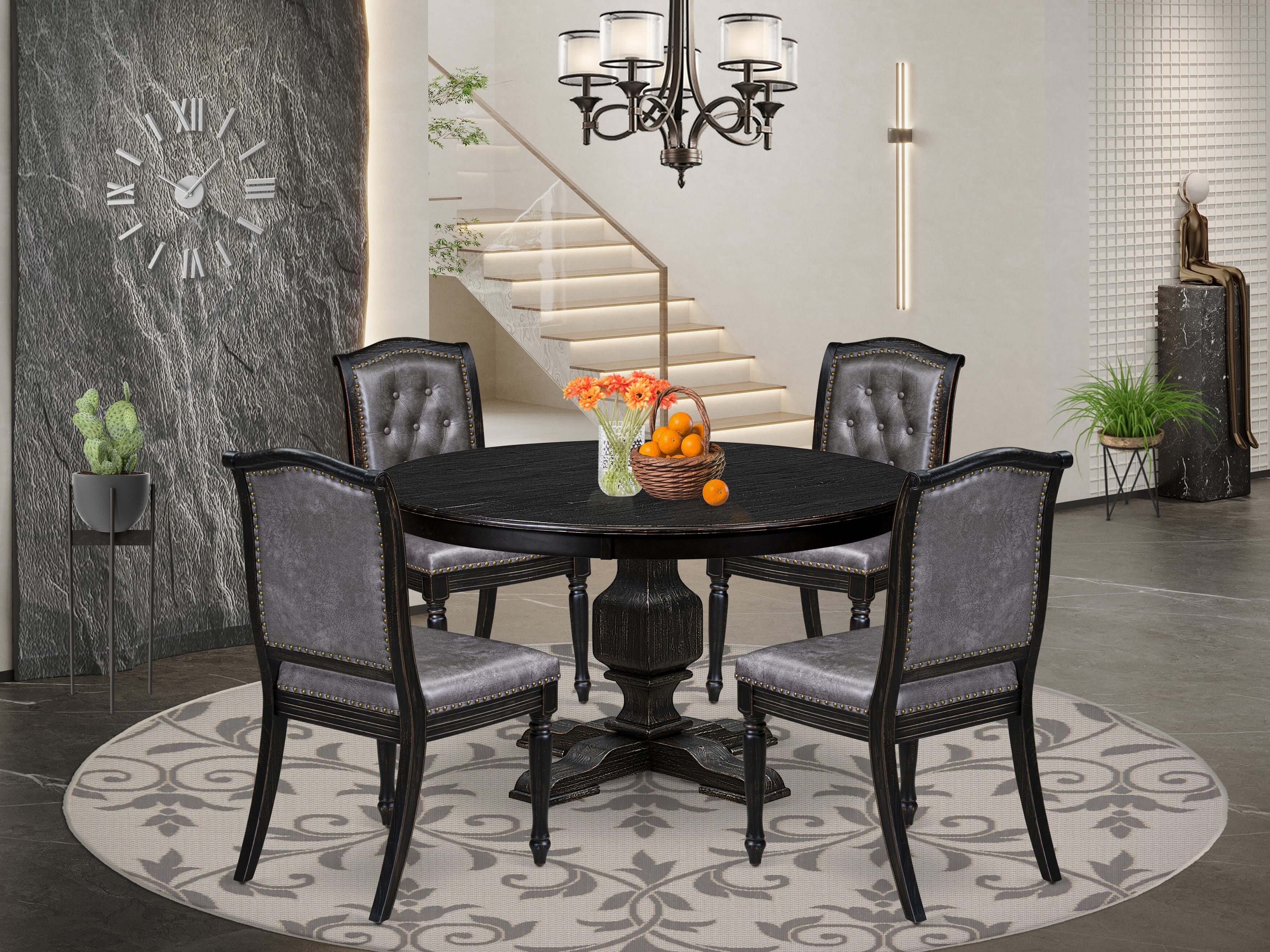 Luxe by East West Furniture - F3MA5-511-34 - 5-piece Dining Room Set consists of a Dining Table and 4 Dark Grey Polyester Fabric Mid Century Modern Chair with Button Tufted Back - Sand Blasting Black