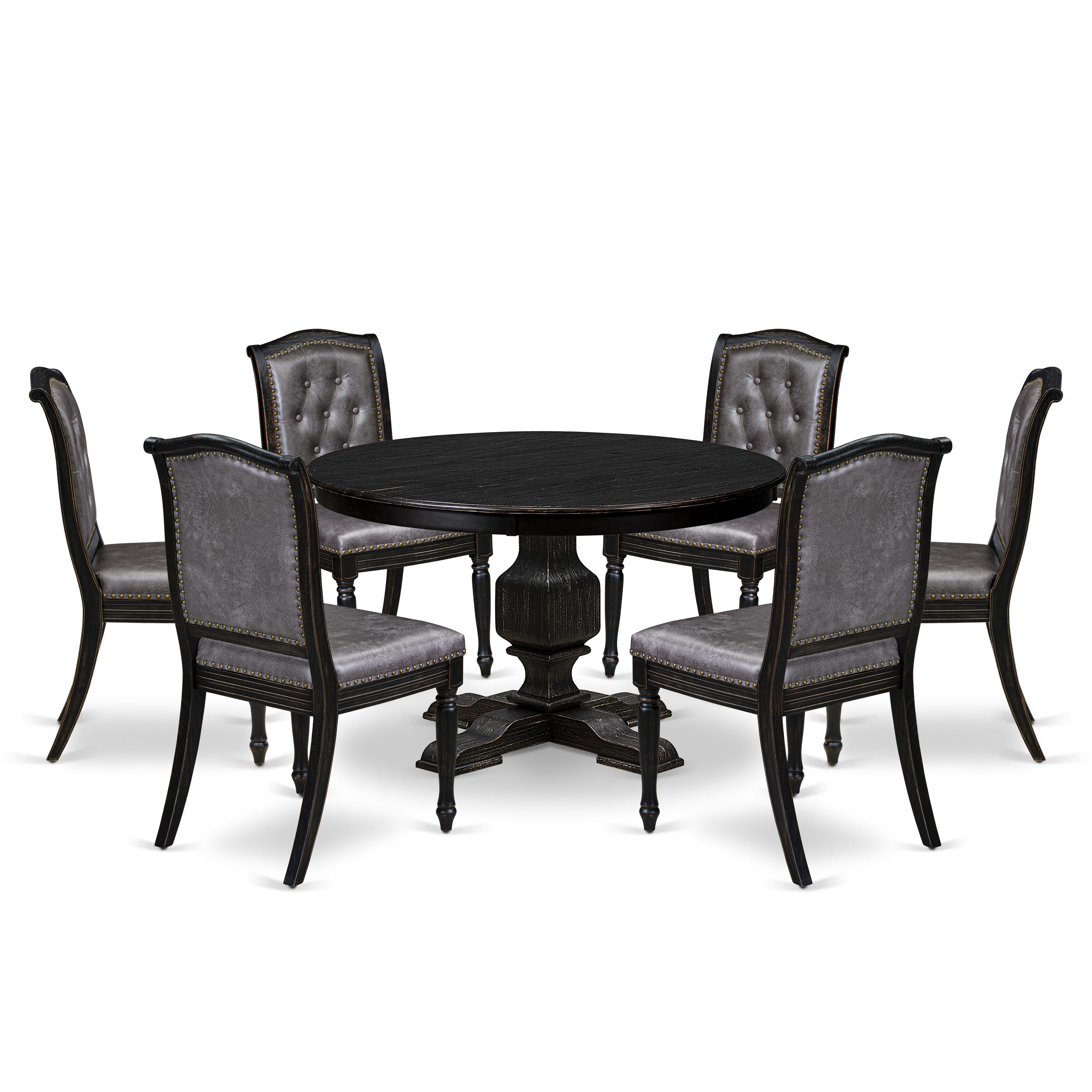 Luxe by East West Furniture - F3MA7-411-34 - 7-piece Kitchen Table Set consists of a Dining Table and 6 Dark Grey Polyester Fabric Kitchen Chairs with Button Tufted Back - Sand Blasting Black Finish