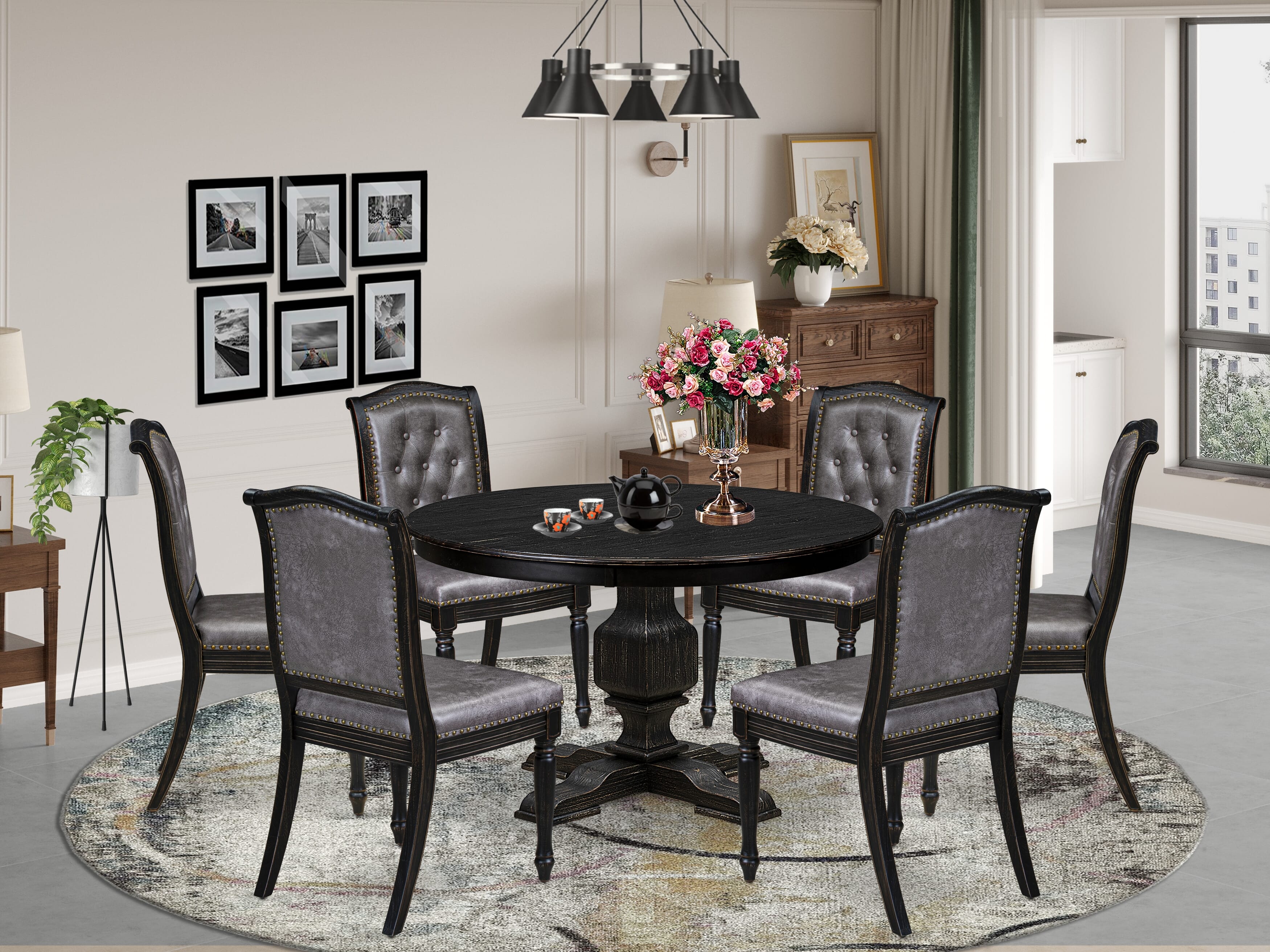 Luxe by East West Furniture - F3MA7-411-34 - 7-piece Kitchen Table Set consists of a Dining Table and 6 Dark Grey Polyester Fabric Kitchen Chairs with Button Tufted Back - Sand Blasting Black Finish