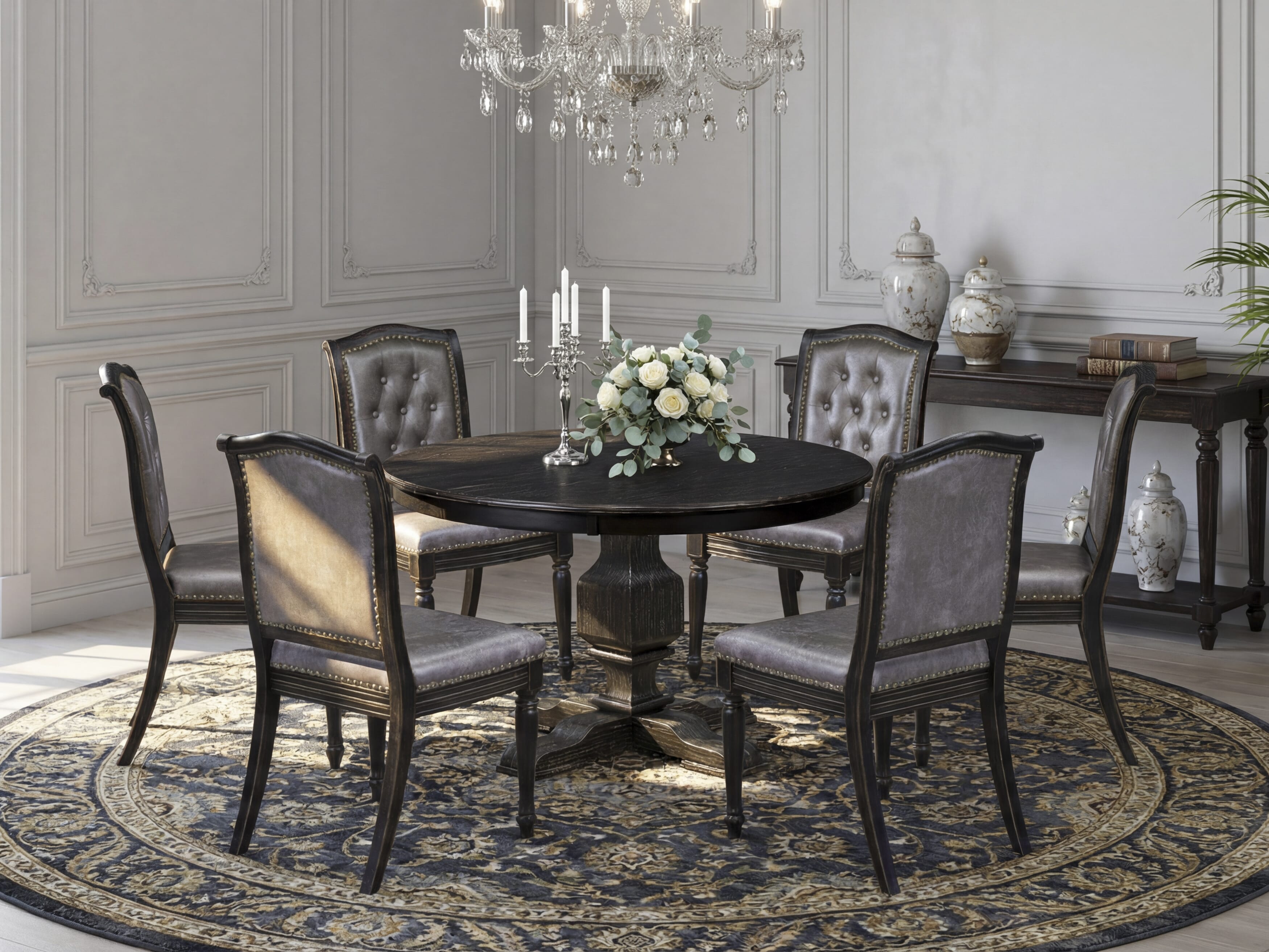 Luxe by East West Furniture - F3MA7-411-34 - 7-piece Kitchen Table Set consists of a Dining Table and 6 Dark Grey Polyester Fabric Kitchen Chairs with Button Tufted Back - Sand Blasting Black Finish
