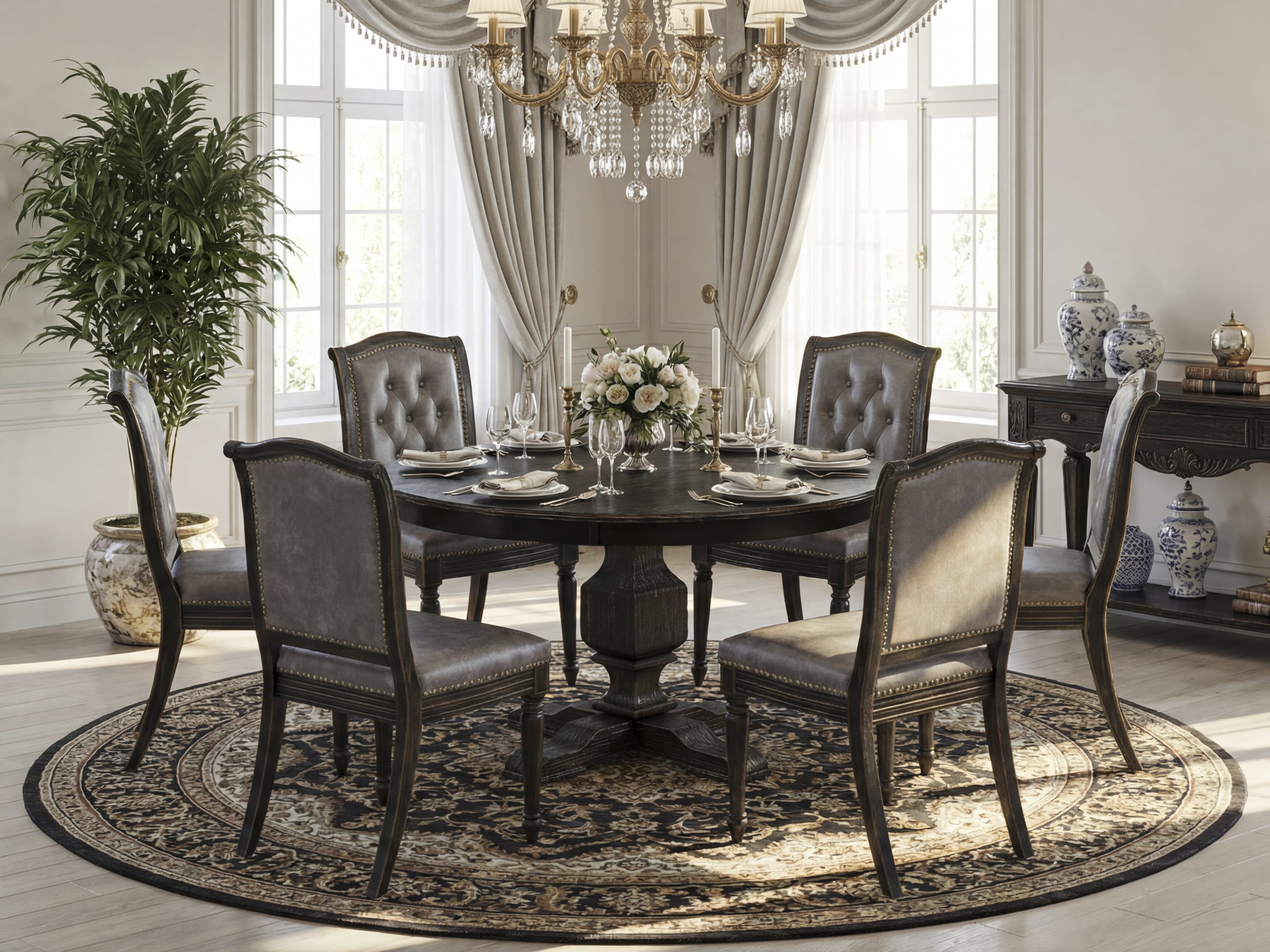 Luxe by East West Furniture - F3MA7-511-34 - 7-piece Dining Room Set consists of a Dining Table and 6 Dark Grey Polyester Fabric Mid Century Modern Chair with Button Tufted Back - Sand Blasting Black