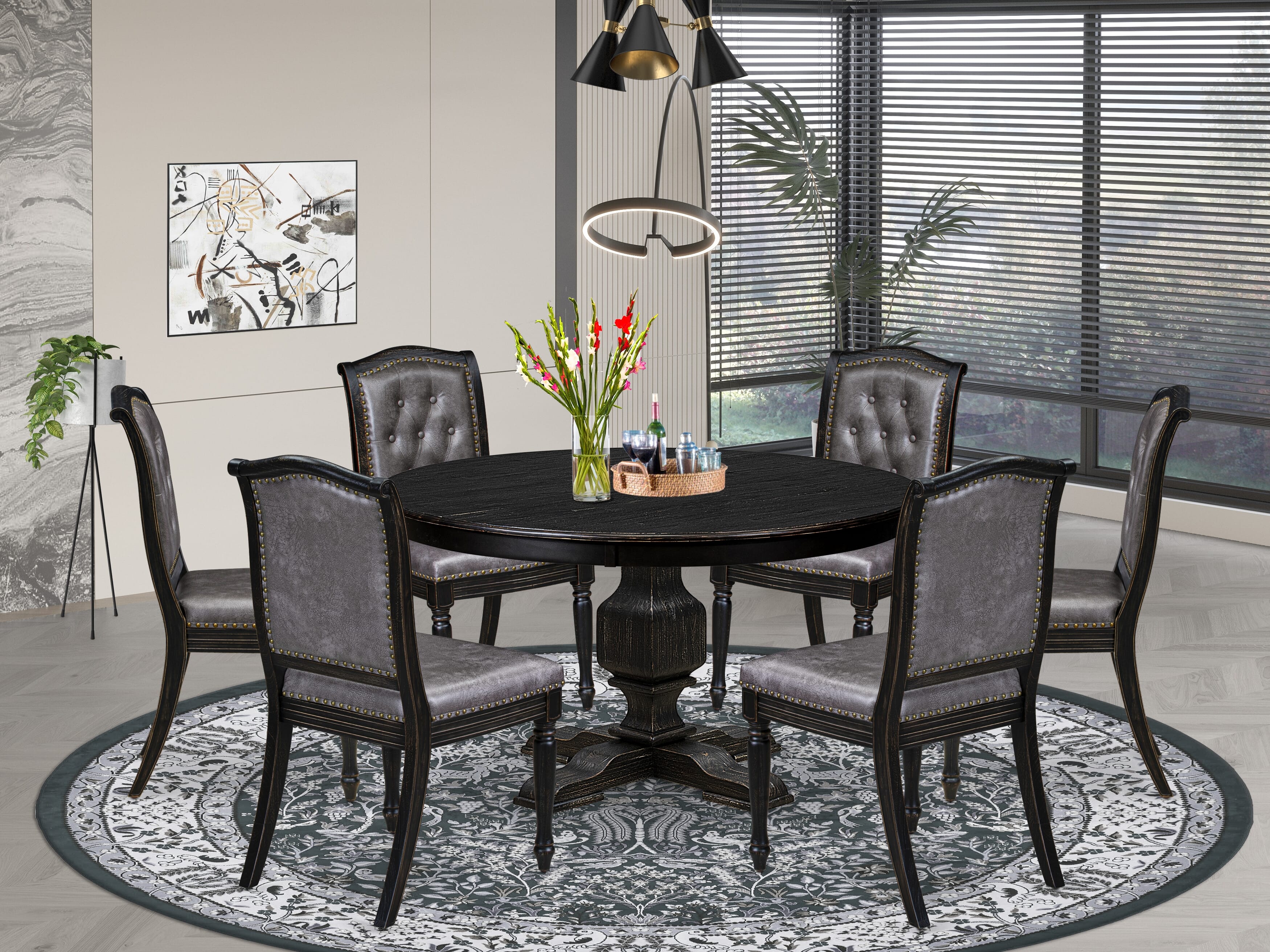 Luxe by East West Furniture - F3MA7-511-34 - 7-piece Dining Room Set consists of a Dining Table and 6 Dark Grey Polyester Fabric Mid Century Modern Chair with Button Tufted Back - Sand Blasting Black