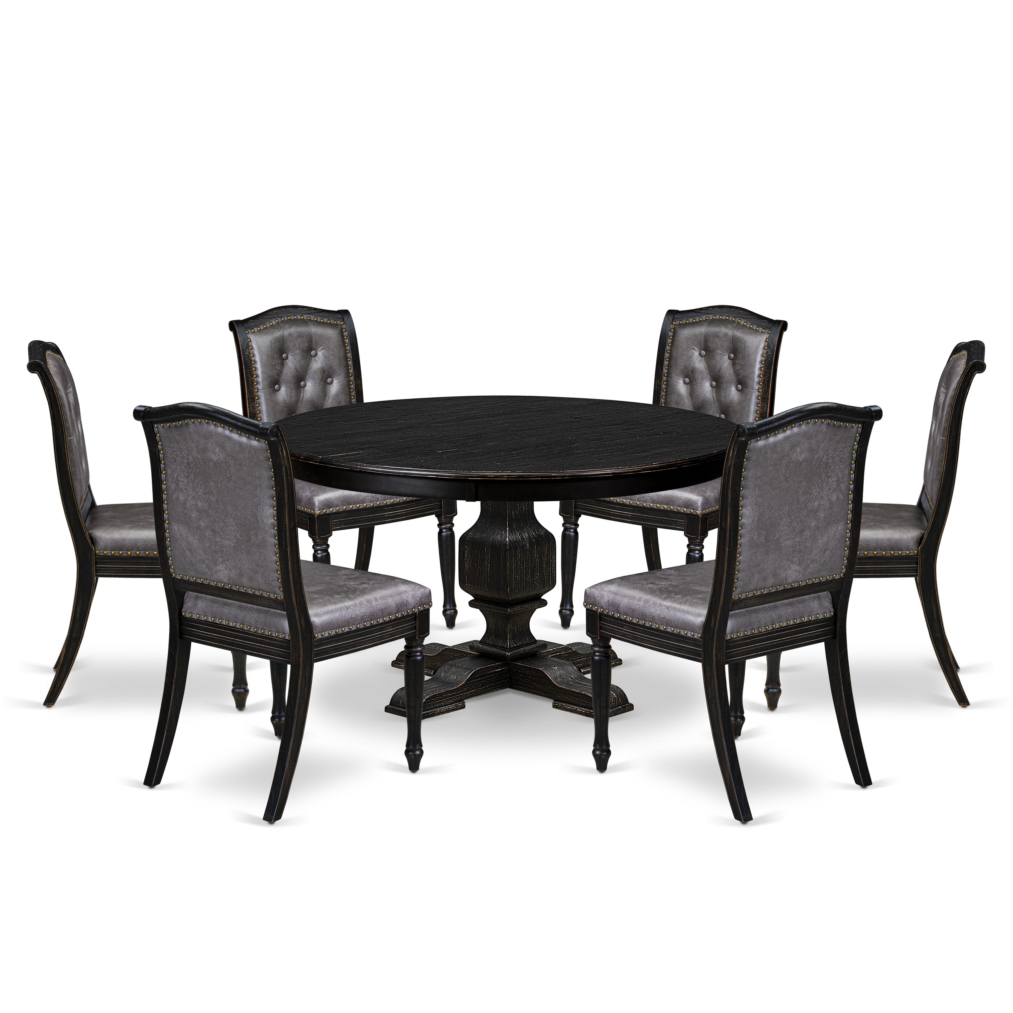 Luxe by East West Furniture - F3MA7-511-34 - 7-piece Dining Room Set consists of a Dining Table and 6 Dark Grey Polyester Fabric Mid Century Modern Chair with Button Tufted Back - Sand Blasting Black