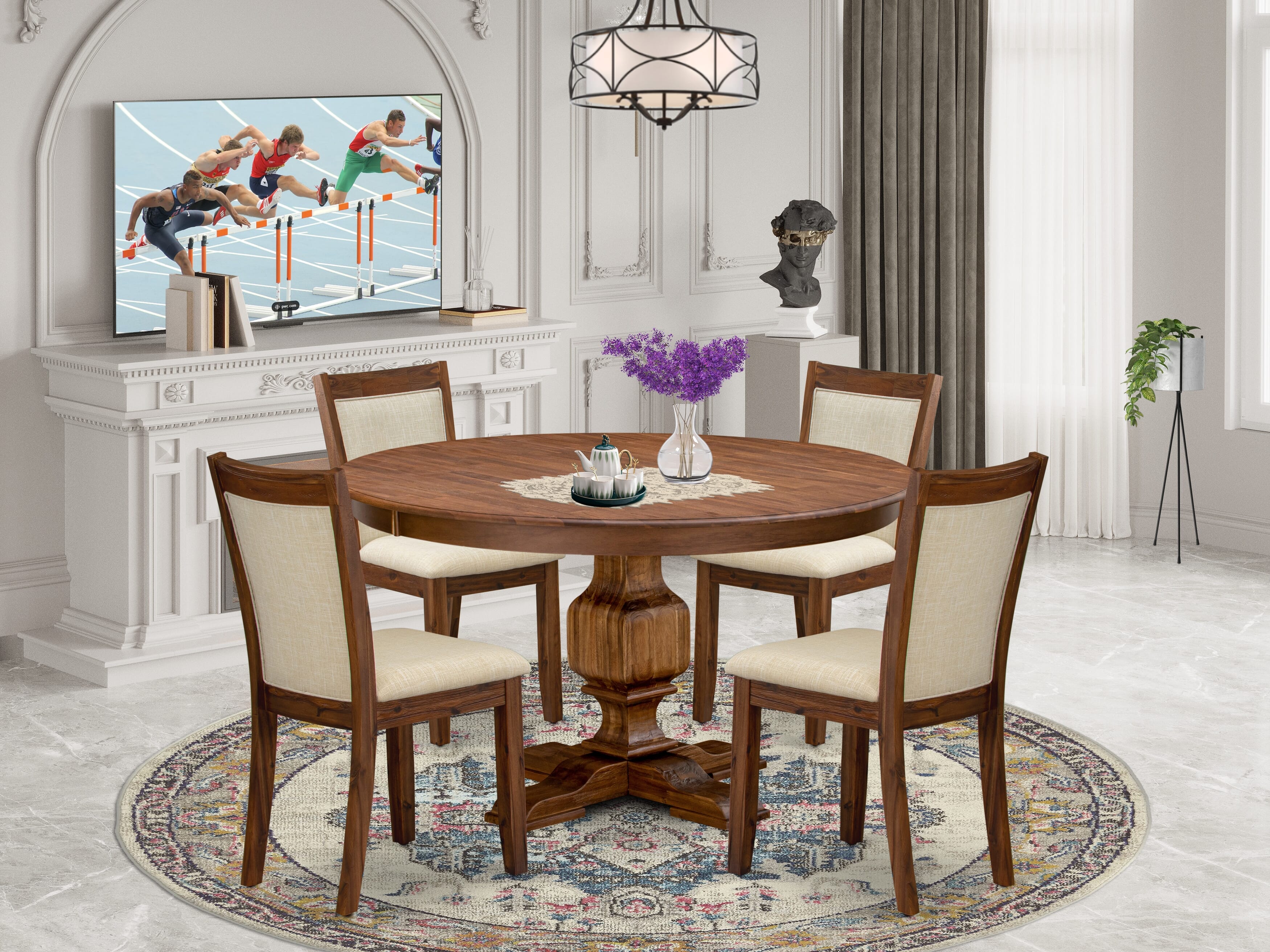Luxe by East West Furniture F3MZ5-50N-02 5-Pc Kitchen Set Includes a Pedestal Breakfast Table and 4 Light Beige Linen Fabric Dining Room Chairs with Padded Back - Antique Walnut Finish
