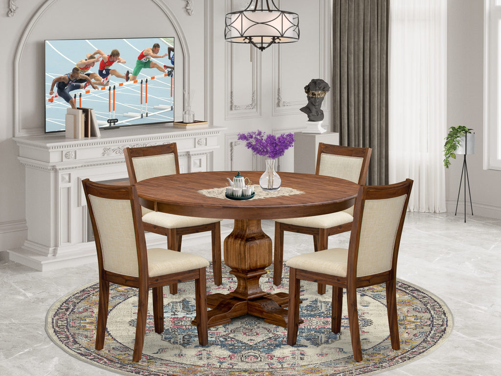 Luxe by East West Furniture F3MZ5-50N-02 5-Pc Kitchen Set Includes a Pedestal Breakfast Table and 4 Light Beige Linen Fabric Dining Room Chairs with Padded Back - Antique Walnut Finish